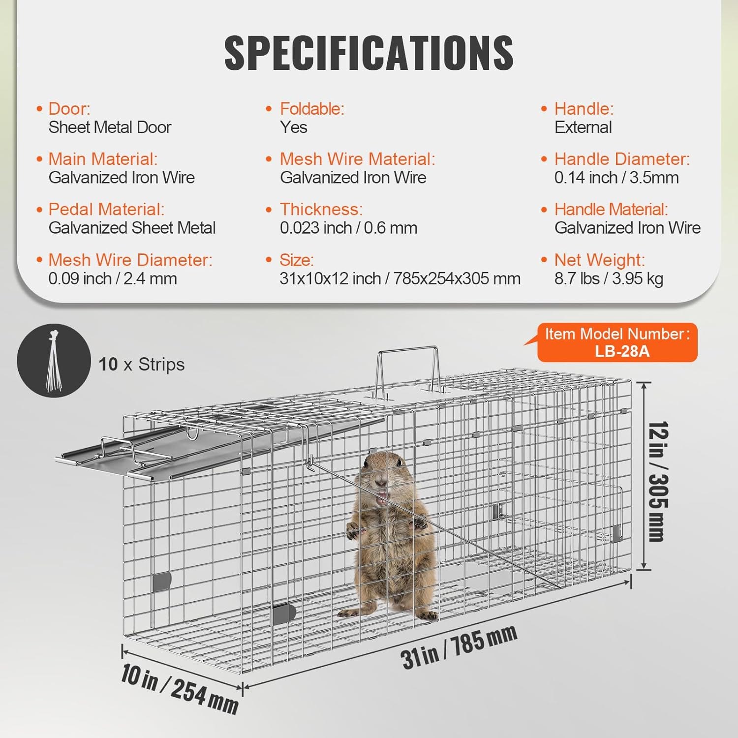 VEVOR Live Animal Cage Trap, 31" x 10" x 12" Humane Cat Trap Galvanized Iron, Folding Animal Trap with Handle for Rabbits, Stray Cats, Squirrels, Raccoons, Groundhogs and Opossums — photo 6