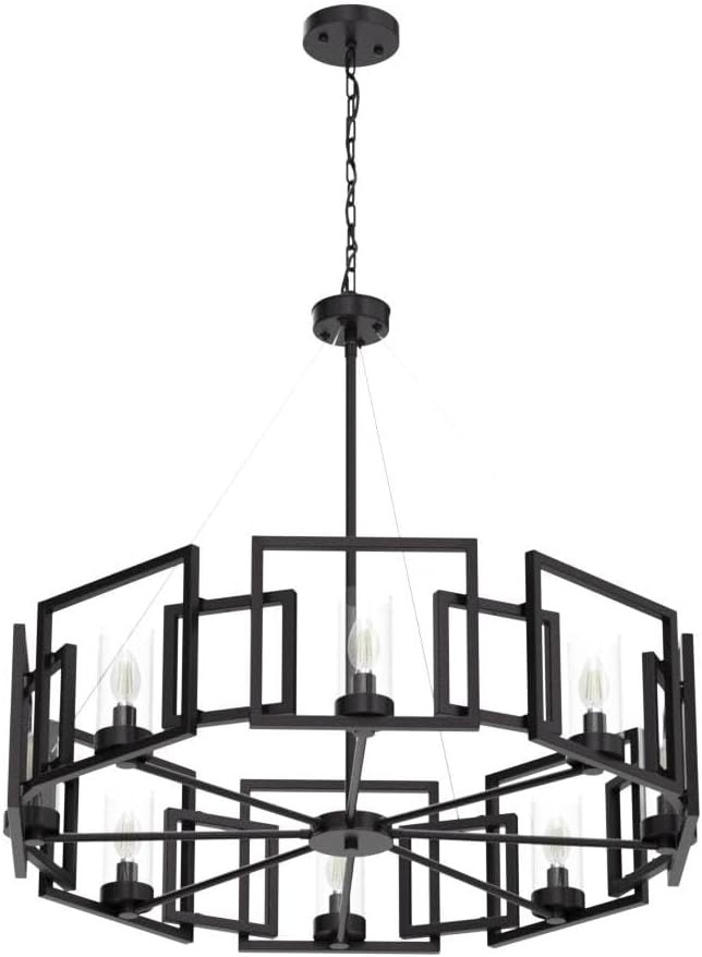 TOCHIC 36" Black Industrial Chandelier, 8 Lights Wagon Wheel Chandeliers for Dining Room, Modern Geometric Pendant Light Fixture with Glass Shade for Living Room, Bedroom, Kitchen, Foyer — photo 3