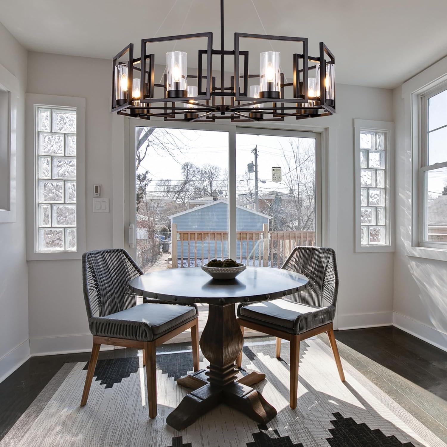 TOCHIC 36" Black Industrial Chandelier, 8 Lights Wagon Wheel Chandeliers for Dining Room, Modern Geometric Pendant Light Fixture with Glass Shade for Living Room, Bedroom, Kitchen, Foyer — photo 4