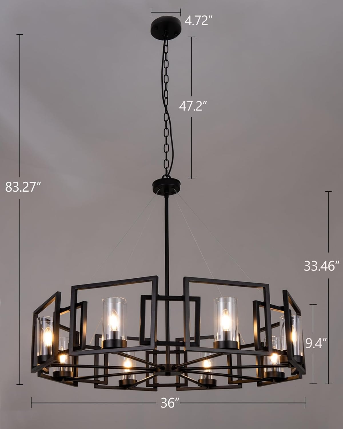 TOCHIC 36" Black Industrial Chandelier, 8 Lights Wagon Wheel Chandeliers for Dining Room, Modern Geometric Pendant Light Fixture with Glass Shade for Living Room, Bedroom, Kitchen, Foyer — photo 5