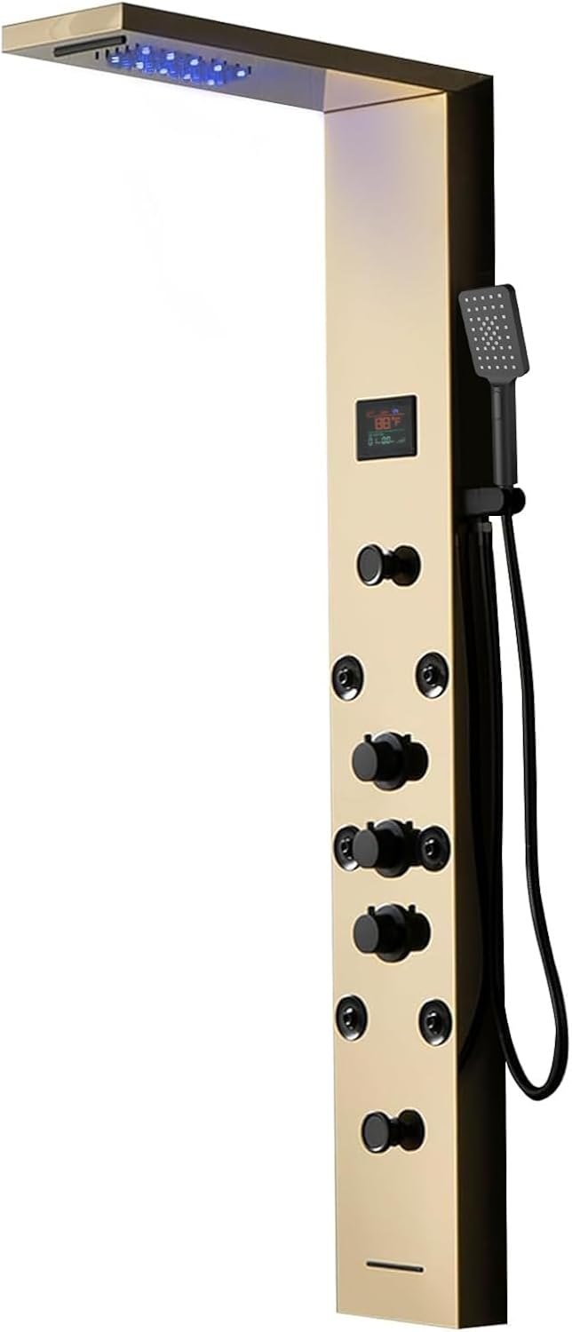 Shower Panel Tower System Stainless Steel LED Rainfall Waterfall Shower Head 5-Function Faucet Rain Massage System Wall Mount with 8 Body Jets, Handheld, and Tub Spout, Gold Gold 5 in 1 Shower Panel PM