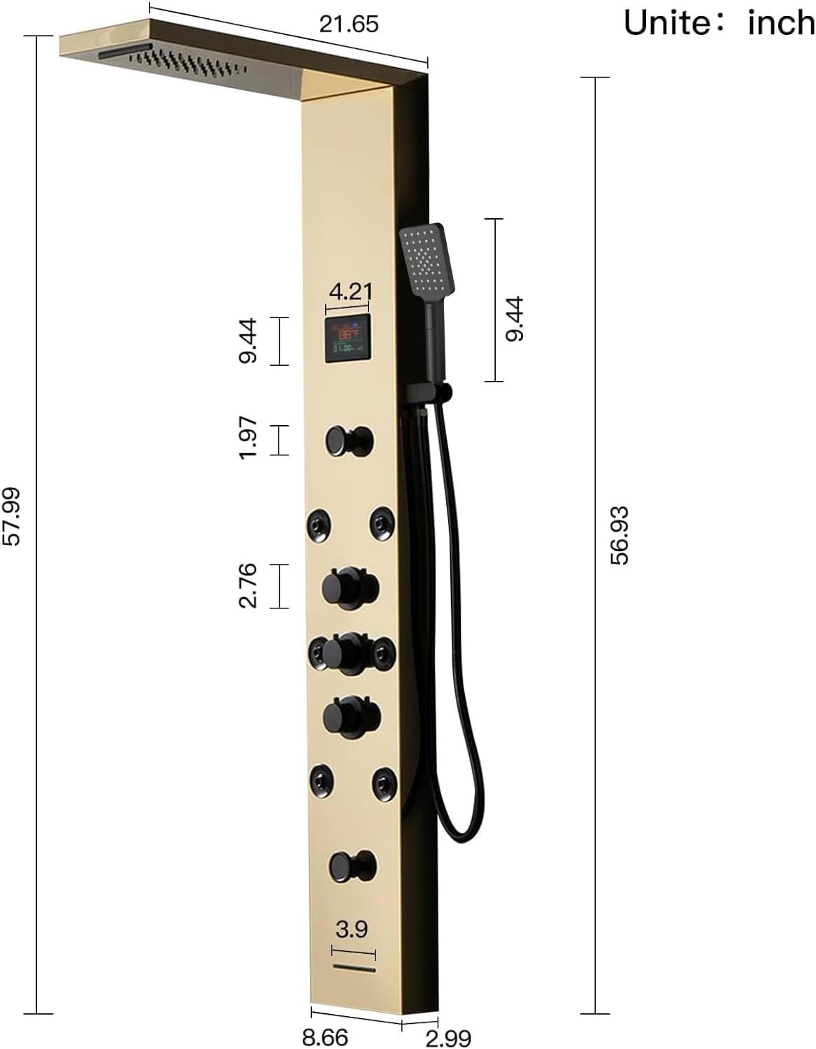 Shower Panel Tower System Stainless Steel LED Rainfall Waterfall Shower Head 5-Function Faucet Rain Massage System Wall Mount with 8 Body Jets, Handheld, and Tub Spout, Gold Gold 5 in 1 Shower Panel PM — photo 2
