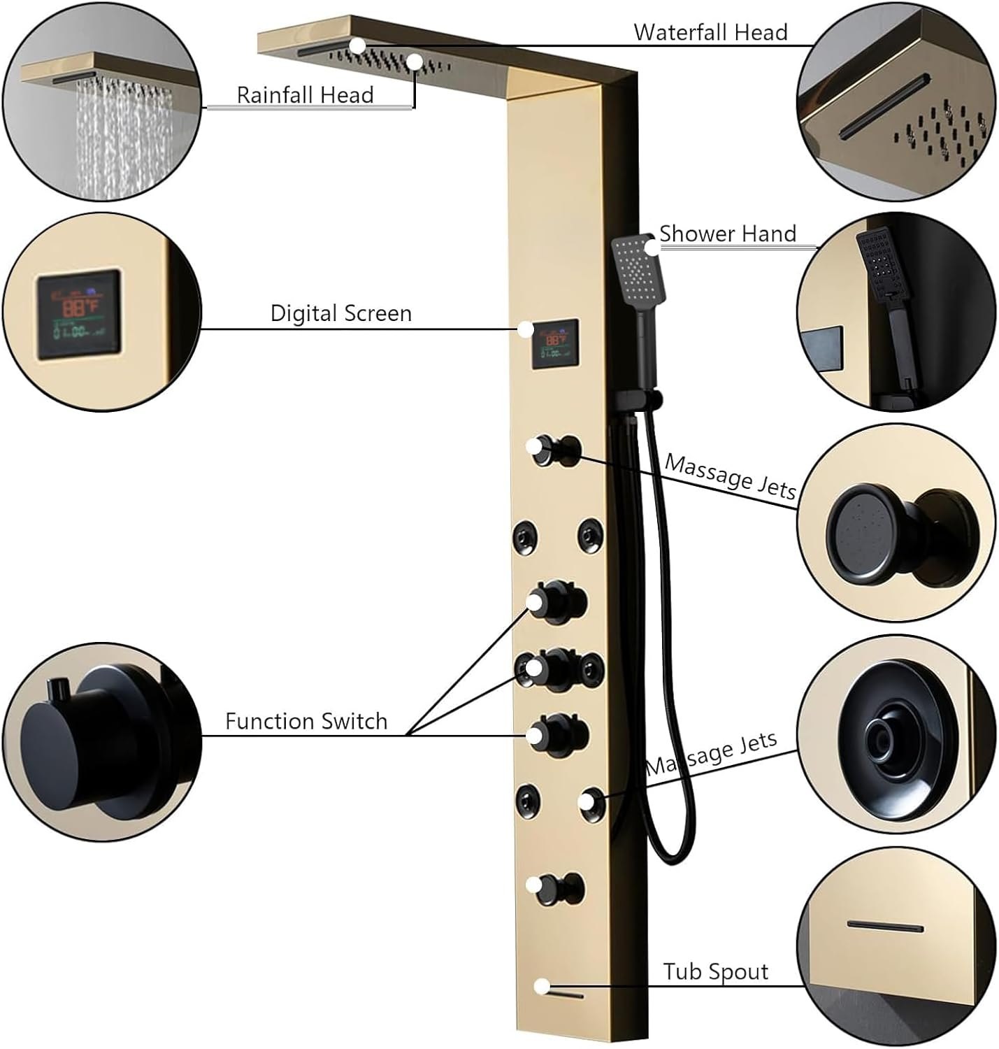 Shower Panel Tower System Stainless Steel LED Rainfall Waterfall Shower Head 5-Function Faucet Rain Massage System Wall Mount with 8 Body Jets, Handheld, and Tub Spout, Gold Gold 5 in 1 Shower Panel PM — photo 3