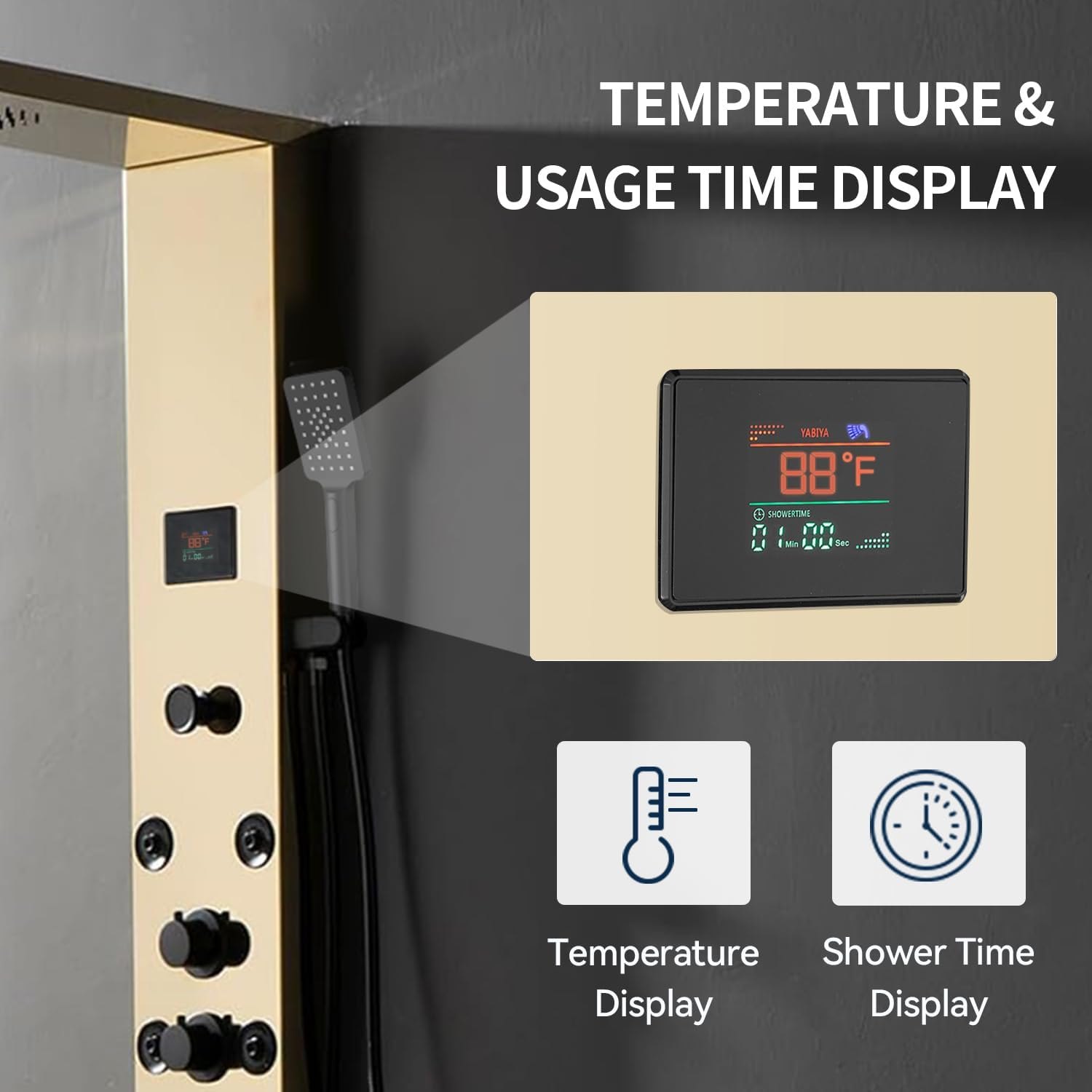 Shower Panel Tower System Stainless Steel LED Rainfall Waterfall Shower Head 5-Function Faucet Rain Massage System Wall Mount with 8 Body Jets, Handheld, and Tub Spout, Gold Gold 5 in 1 Shower Panel PM — photo 4