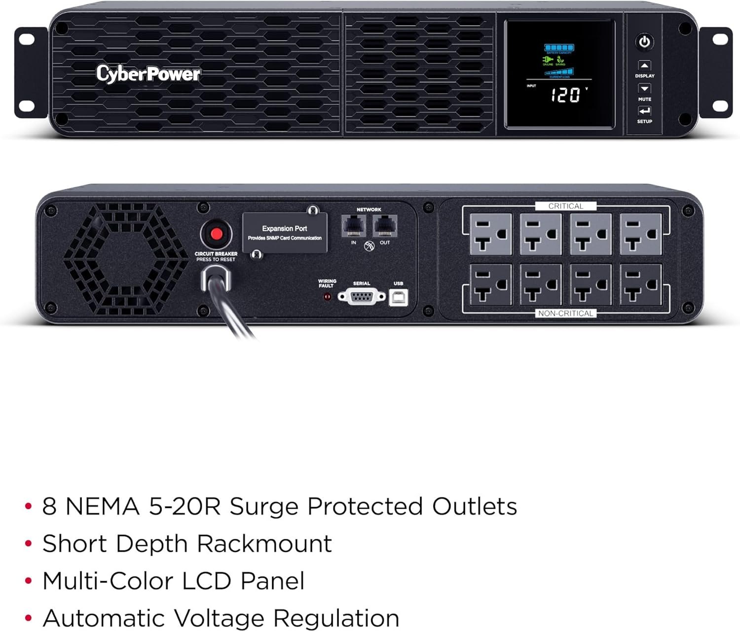 CyberPower CP2000PFCRM2U PFC Sinewave UPS Battery Backup and Surge Protector, 2000VA/1200W, 8 Outlets, AVR, Short Depth 2U Rackmount, UL Certified Rackmount 2U 2000VA — photo 2