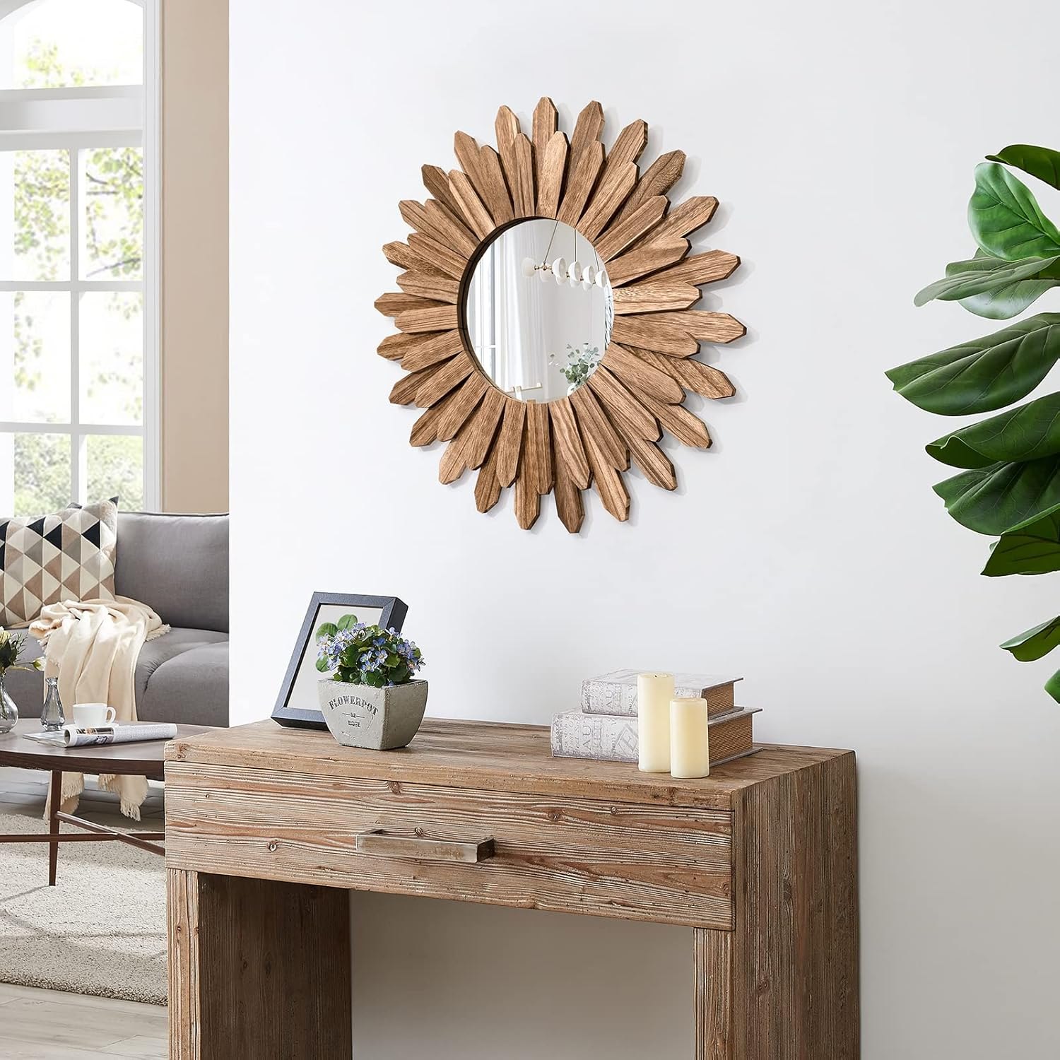 Honiway Mirror Wall Decor 21 inch Rustic Wood Boho Aesthetic Mirror for Room & Home Decor Farmhouse Wall Decor at Living Room Bedroom Carbonized Black Carbonized Black 21"L x 21"W — photo 4