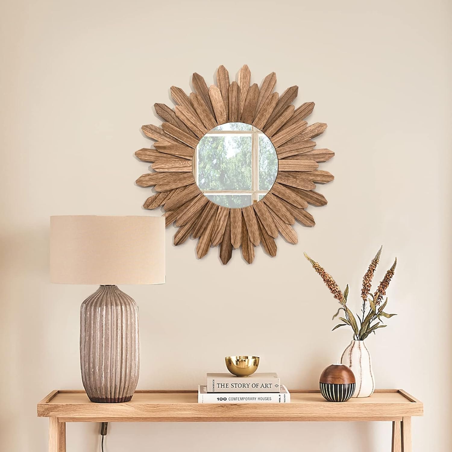 Honiway Mirror Wall Decor 21 inch Rustic Wood Boho Aesthetic Mirror for Room & Home Decor Farmhouse Wall Decor at Living Room Bedroom Carbonized Black Carbonized Black 21"L x 21"W — photo 6