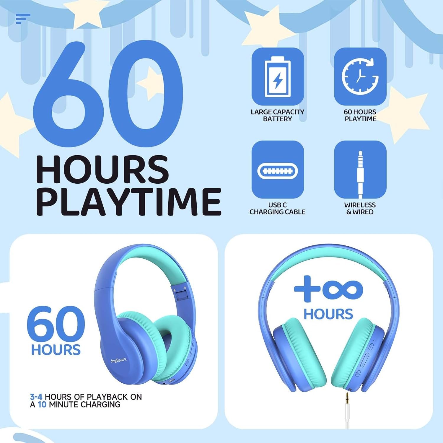 Kids Bluetooth Headphones, Lightweight Wireless Headphones for Kids, 85/94dB Volume Limited, 60 Hours Playtime, Bluetooth 5.3, Over-Ear Toddler Headsets with Built-in Mic-Blue Item Location: NSH-13-17-02 — photo 4