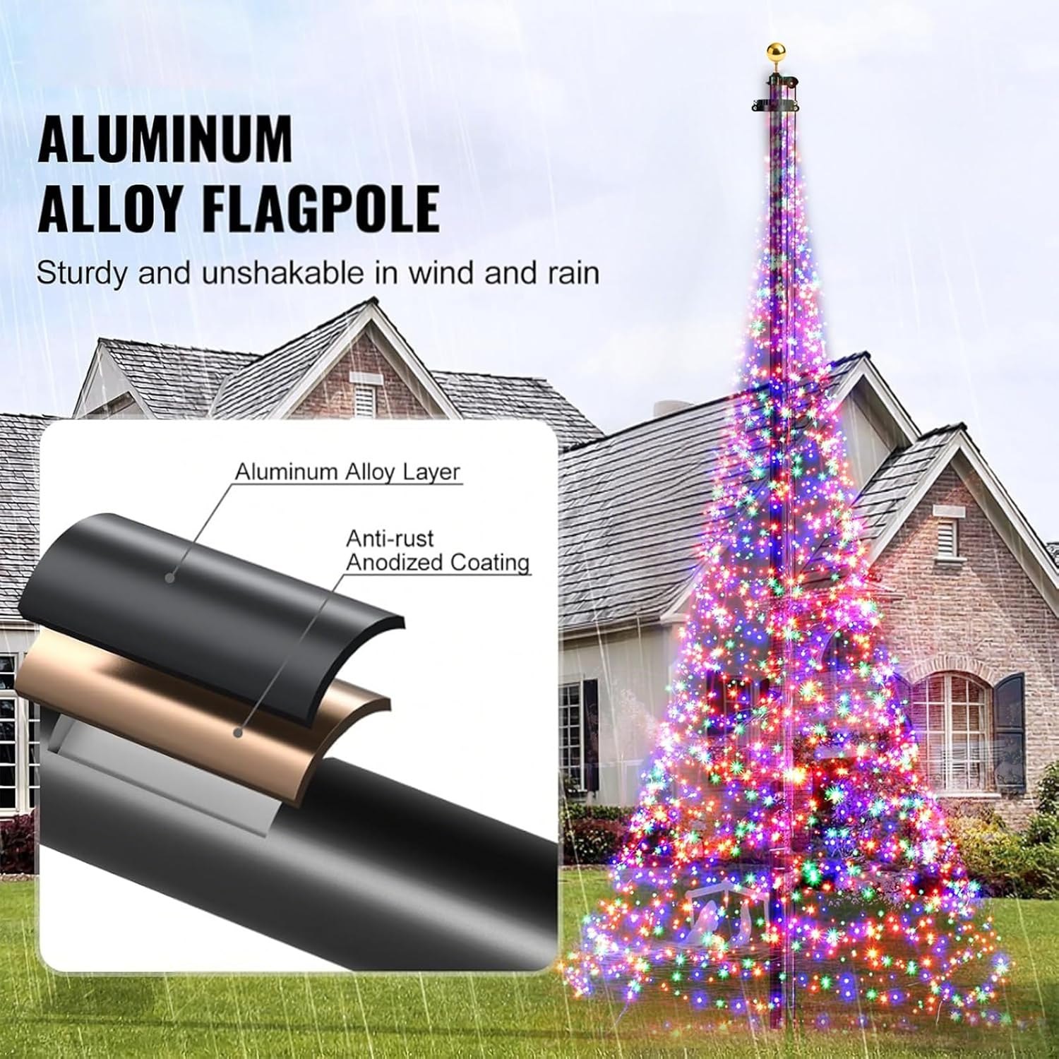 Creative Flagpole Set Include 25 ft Versatile Sectional Flagpole with Mega Topper Light Hook a Topper Decoration and Storage Bag for Outdoor Christmas Trees Display