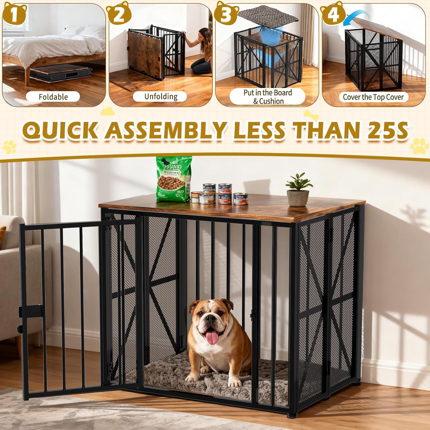Dog Crate Furniture Foldable with Dog Bed Mat, 27" No Assembly Decorative Dog Kennel Indoor, Heavy Duty Small Collapsible Dog Crates for Small Dogs (Under 25 lb), Wooden Dog Cage
