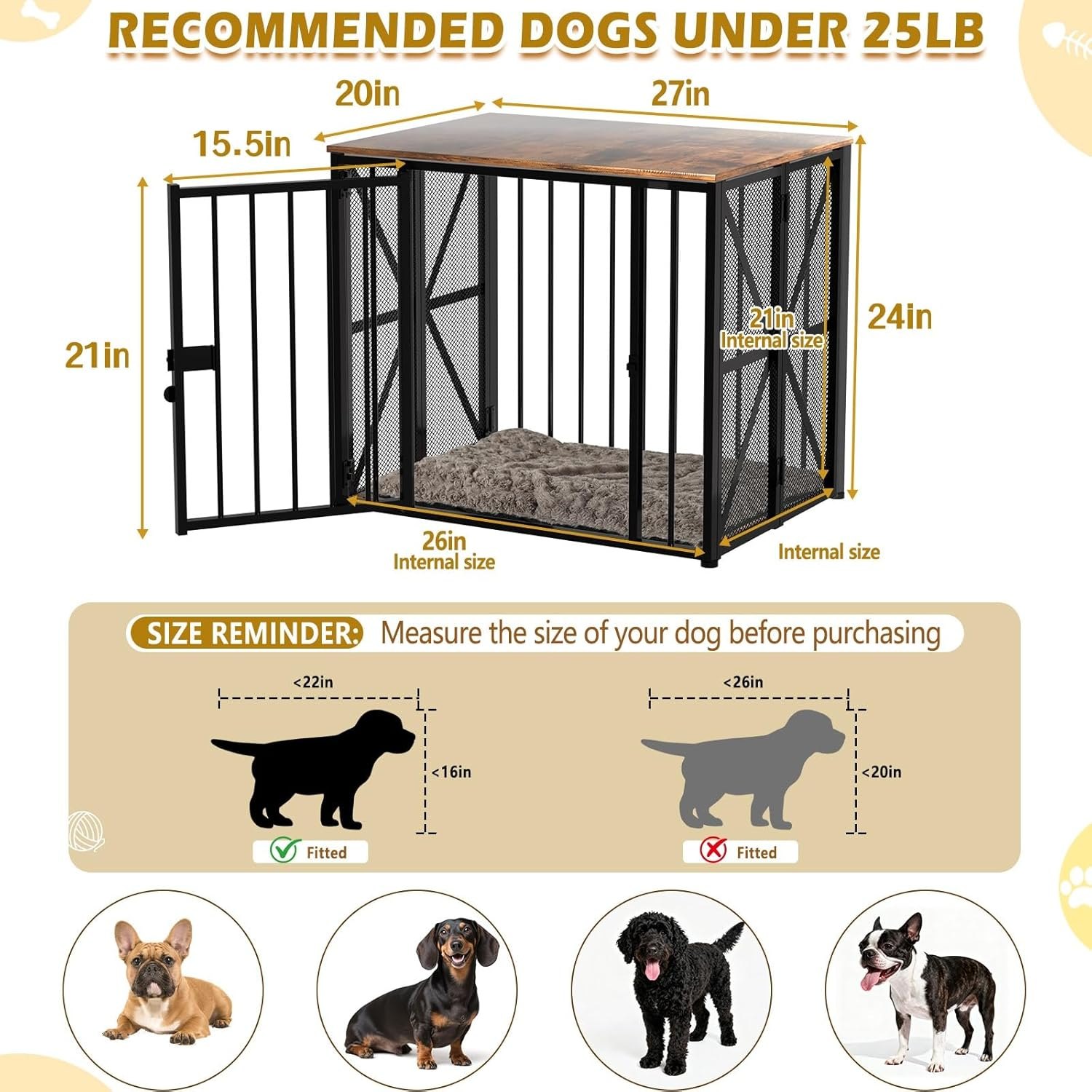 Dog Crate Furniture Foldable with Dog Bed Mat, 27" No Assembly Decorative Dog Kennel Indoor, Heavy Duty Small Collapsible Dog Crates for Small Dogs (Under 25 lb), Wooden Dog Cage — photo 2