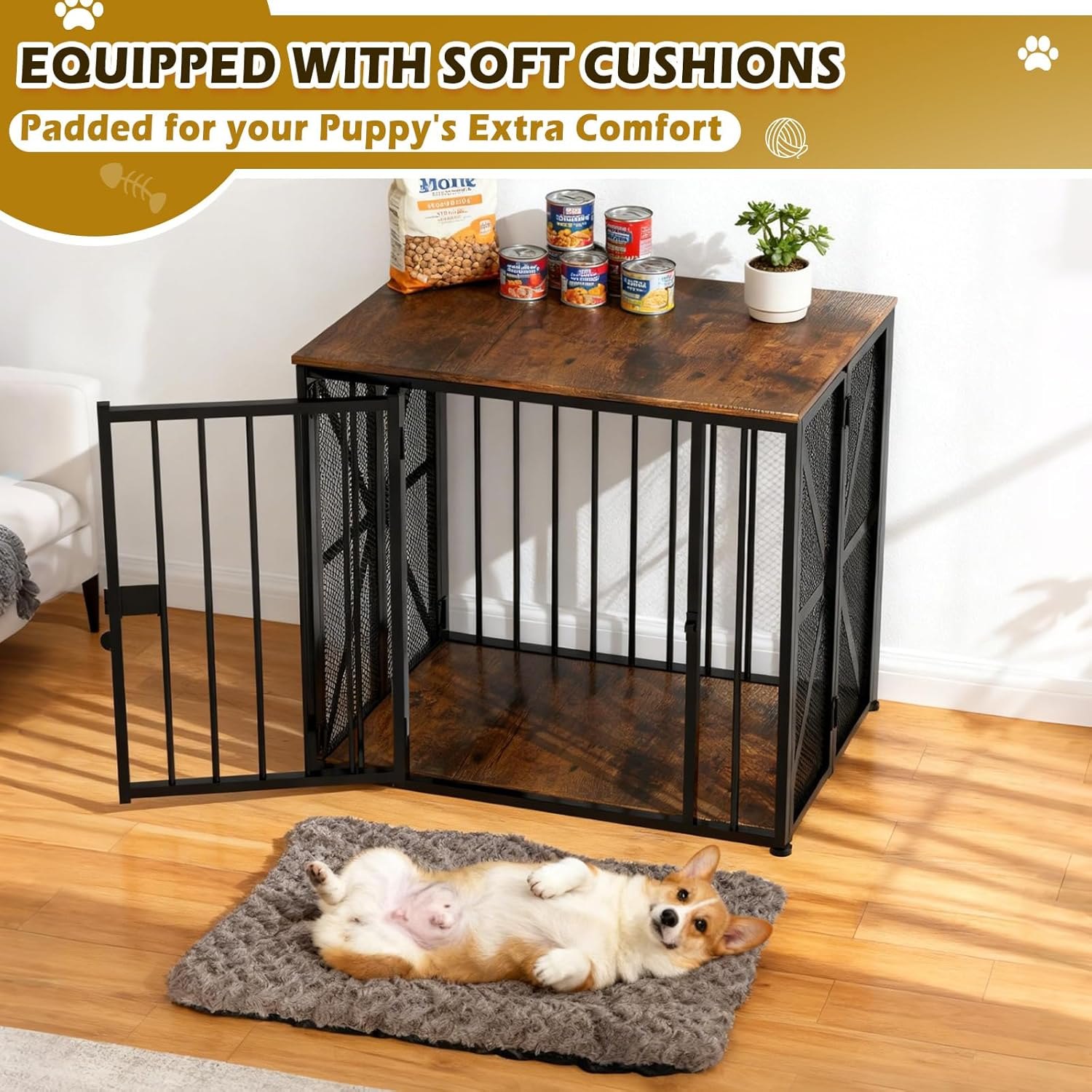 Dog Crate Furniture Foldable with Dog Bed Mat, 27" No Assembly Decorative Dog Kennel Indoor, Heavy Duty Small Collapsible Dog Crates for Small Dogs (Under 25 lb), Wooden Dog Cage — photo 4