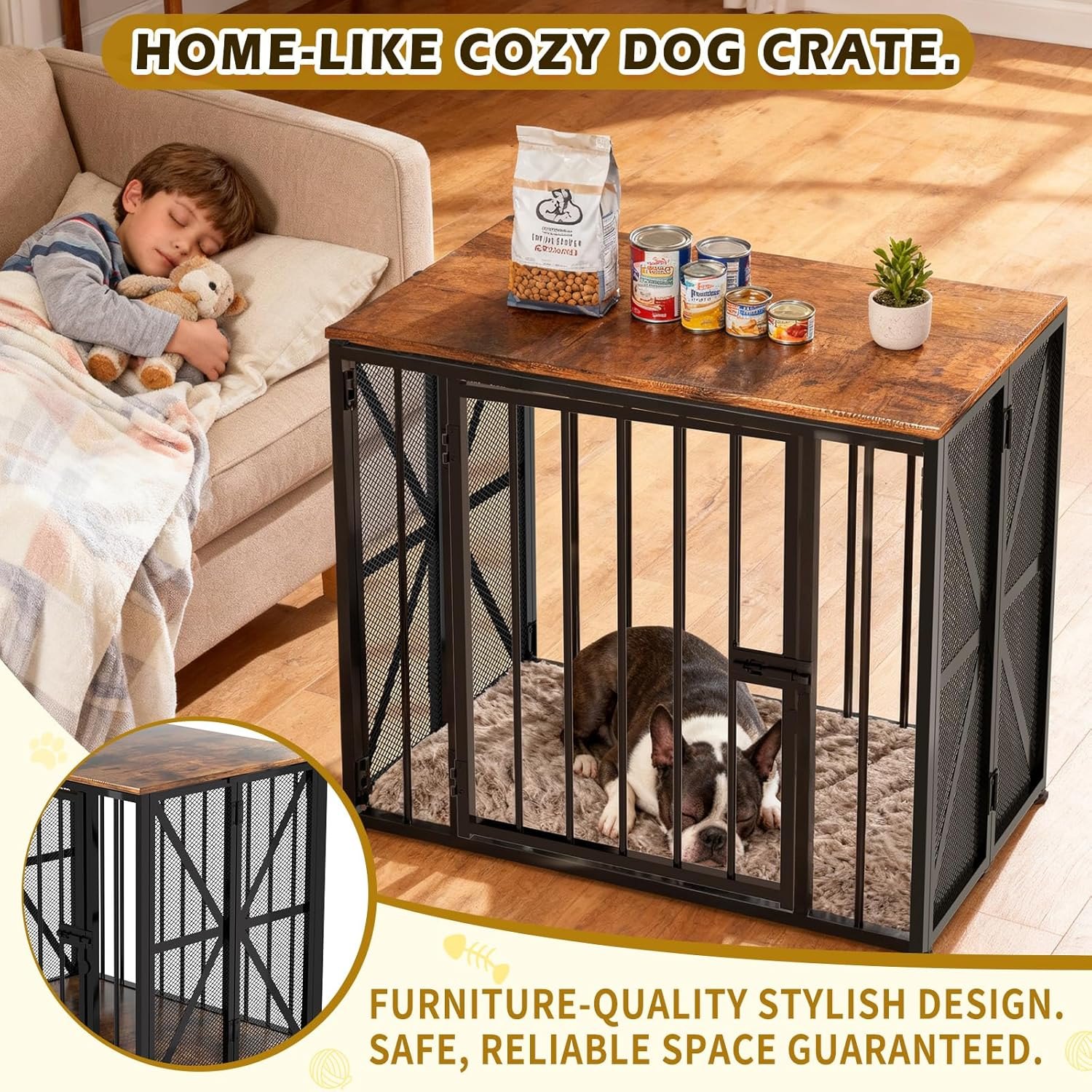 Dog Crate Furniture Foldable with Dog Bed Mat, 27" No Assembly Decorative Dog Kennel Indoor, Heavy Duty Small Collapsible Dog Crates for Small Dogs (Under 25 lb), Wooden Dog Cage — photo 5