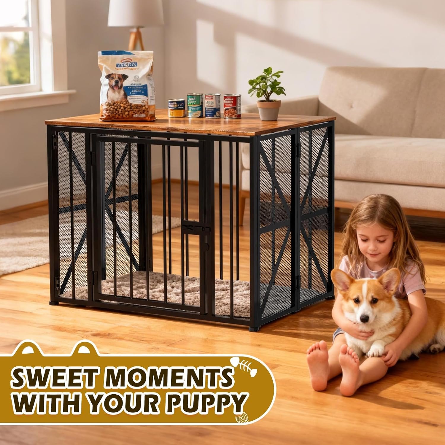 Dog Crate Furniture Foldable with Dog Bed Mat, 27" No Assembly Decorative Dog Kennel Indoor, Heavy Duty Small Collapsible Dog Crates for Small Dogs (Under 25 lb), Wooden Dog Cage — photo 6