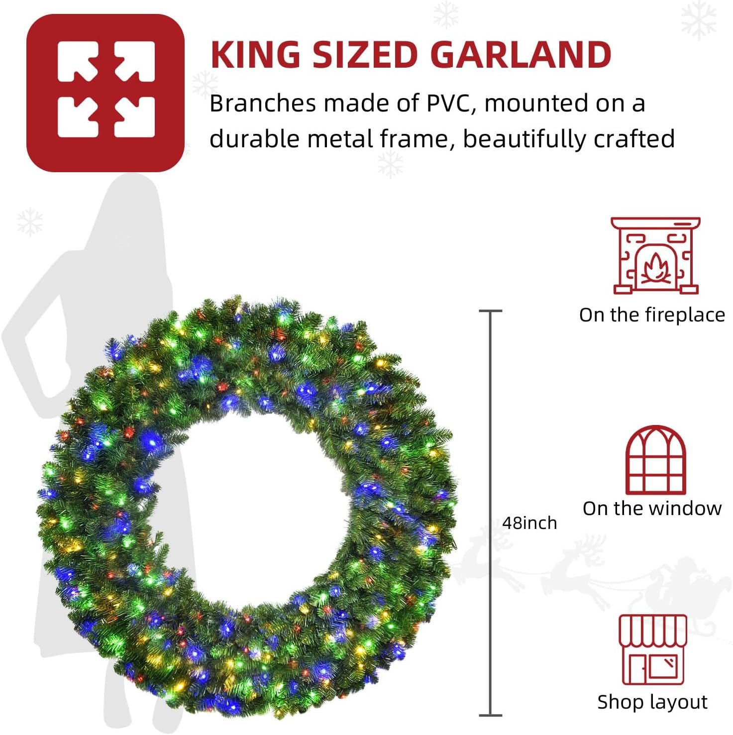 Large 48in Large Christmas Outdoor Wreath - HOYECHI Christmas Lighted Wreaths Holiday Decor, Outdoor Wreath Outdoor with 210 Colorful LEDs,714 PVC Tips, Metal Hook, 9 Wreath - Functions, Timer, Power Plug-in, Remote Controls 48 HOYECHI Inch Lighted Holiday Decor, Outdoor Wreath with 210 Colorful LEDs,714 PVC Tips, Metal Hook, 9 Functions, Timer, Power Plug- in, Remote Controls 48 Inch — photo 3