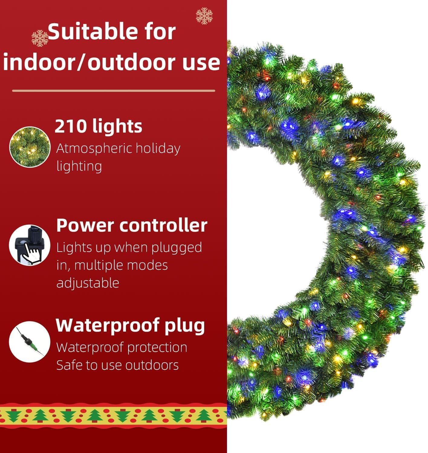 Large 48in Large Christmas Outdoor Wreath - HOYECHI Christmas Lighted Wreaths Holiday Decor, Outdoor Wreath Outdoor with 210 Colorful LEDs,714 PVC Tips, Metal Hook, 9 Wreath - Functions, Timer, Power Plug-in, Remote Controls 48 HOYECHI Inch Lighted Holiday Decor, Outdoor Wreath with 210 Colorful LEDs,714 PVC Tips, Metal Hook, 9 Functions, Timer, Power Plug- in, Remote Controls 48 Inch — photo 4