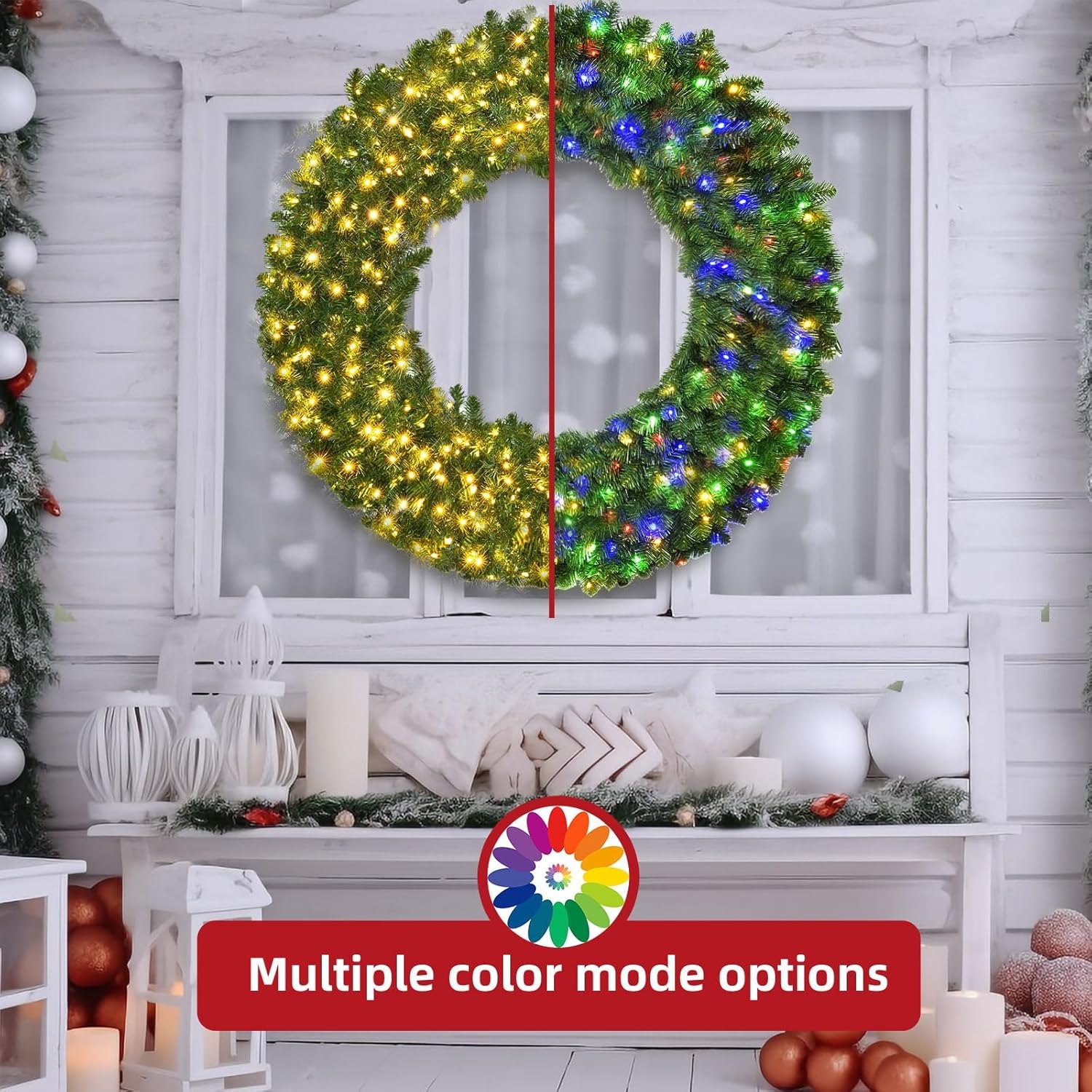 Large 48in Large Christmas Outdoor Wreath - HOYECHI Christmas Lighted Wreaths Holiday Decor, Outdoor Wreath Outdoor with 210 Colorful LEDs,714 PVC Tips, Metal Hook, 9 Wreath - Functions, Timer, Power Plug-in, Remote Controls 48 HOYECHI Inch Lighted Holiday Decor, Outdoor Wreath with 210 Colorful LEDs,714 PVC Tips, Metal Hook, 9 Functions, Timer, Power Plug- in, Remote Controls 48 Inch — photo 6