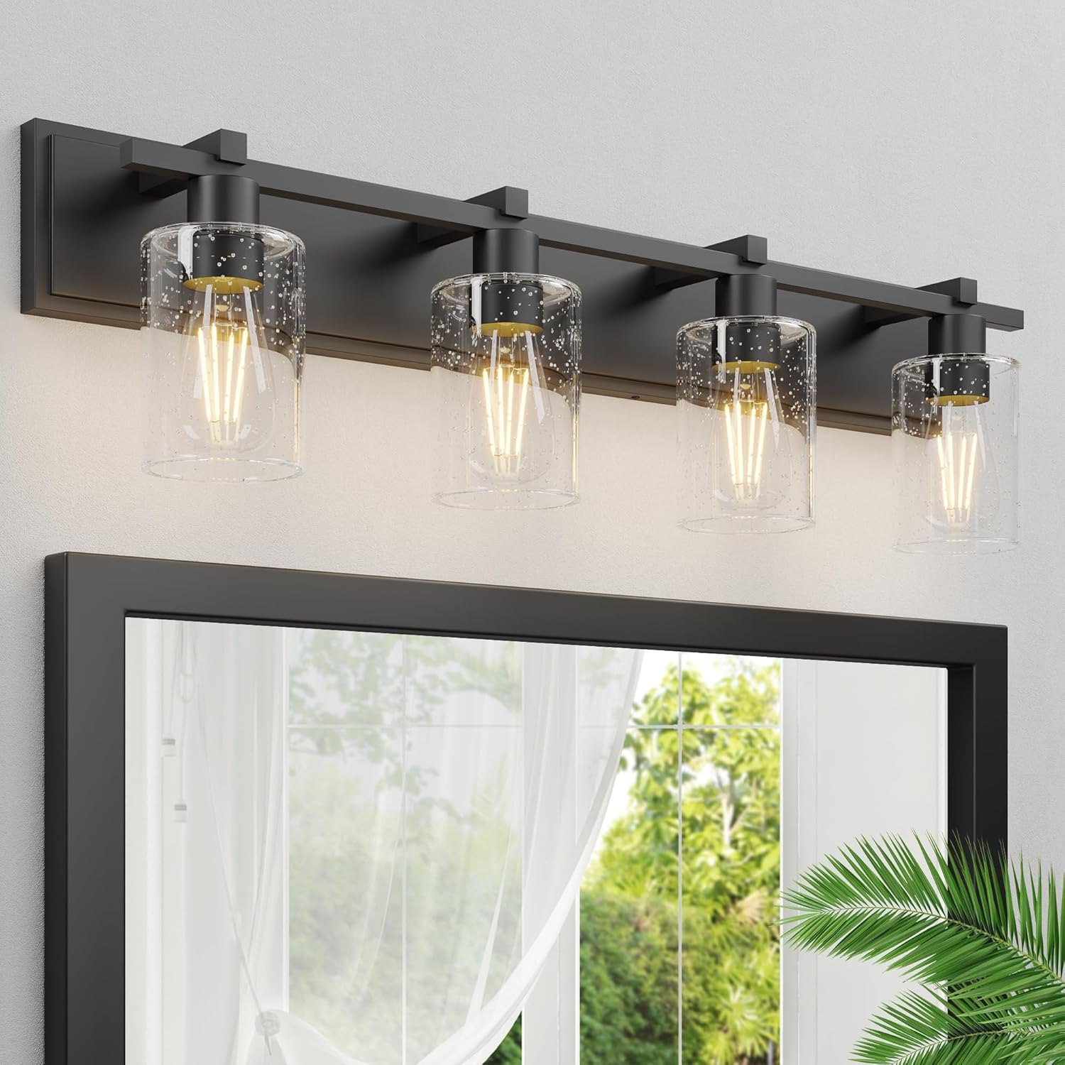Espird Bathroom Vanity Light, 4 Light Matte Black Light Fixture with Thickened Seeded Glass Shade, 33 inch Modern Wall Sconce,Vanity Light Over Mirror for Bathroom