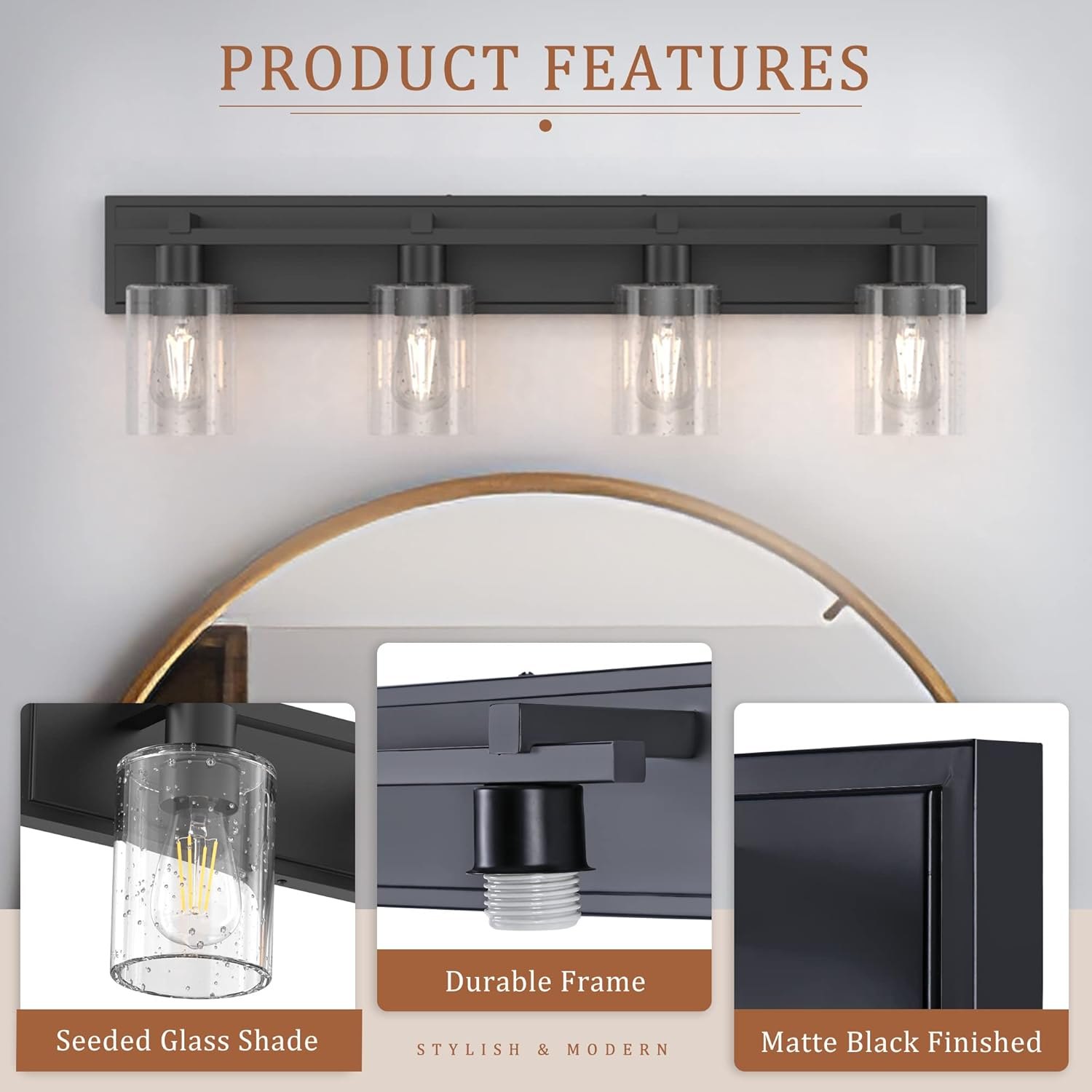 Espird Bathroom Vanity Light, 4 Light Matte Black Light Fixture with Thickened Seeded Glass Shade, 33 inch Modern Wall Sconce,Vanity Light Over Mirror for Bathroom — photo 2
