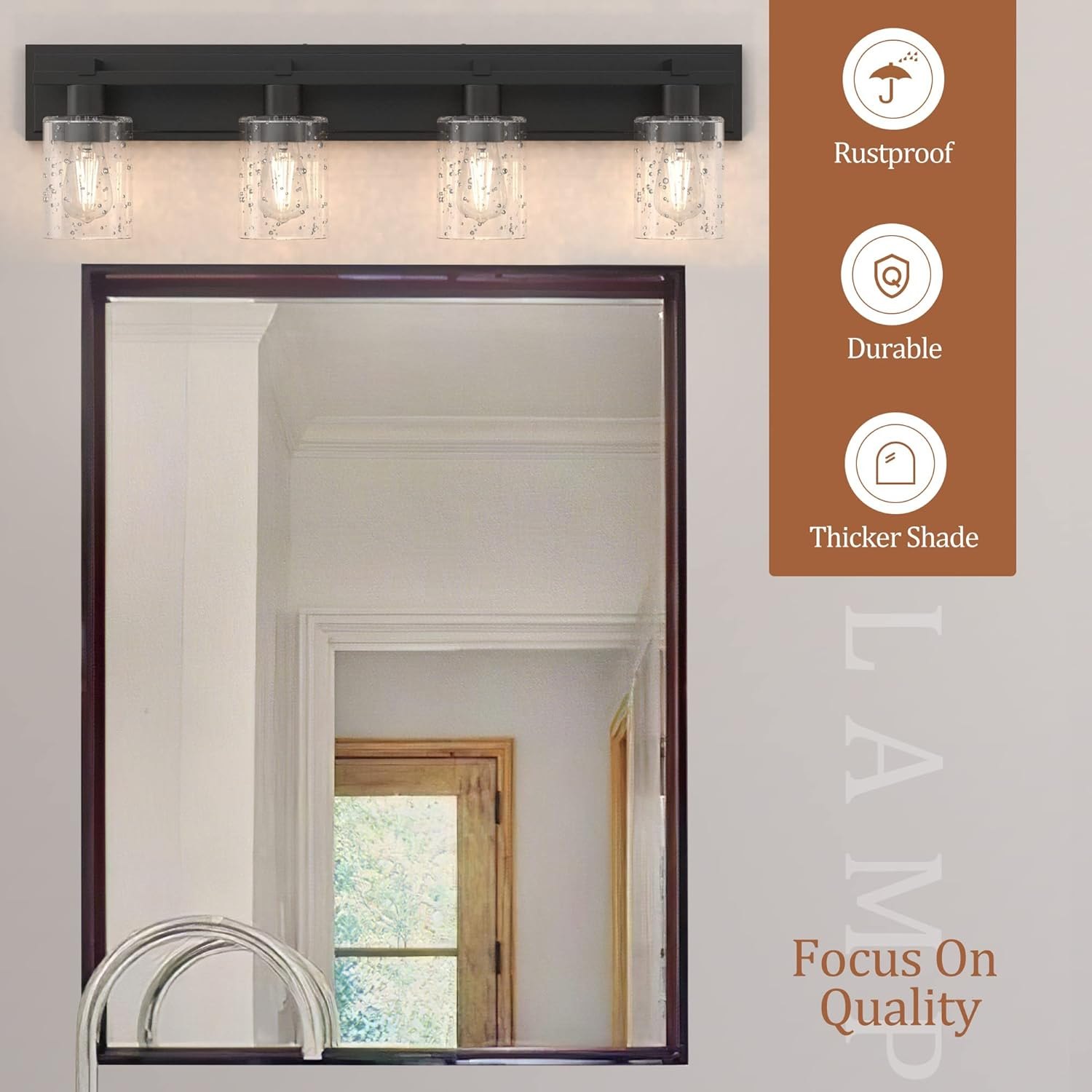 Espird Bathroom Vanity Light, 4 Light Matte Black Light Fixture with Thickened Seeded Glass Shade, 33 inch Modern Wall Sconce,Vanity Light Over Mirror for Bathroom — photo 4