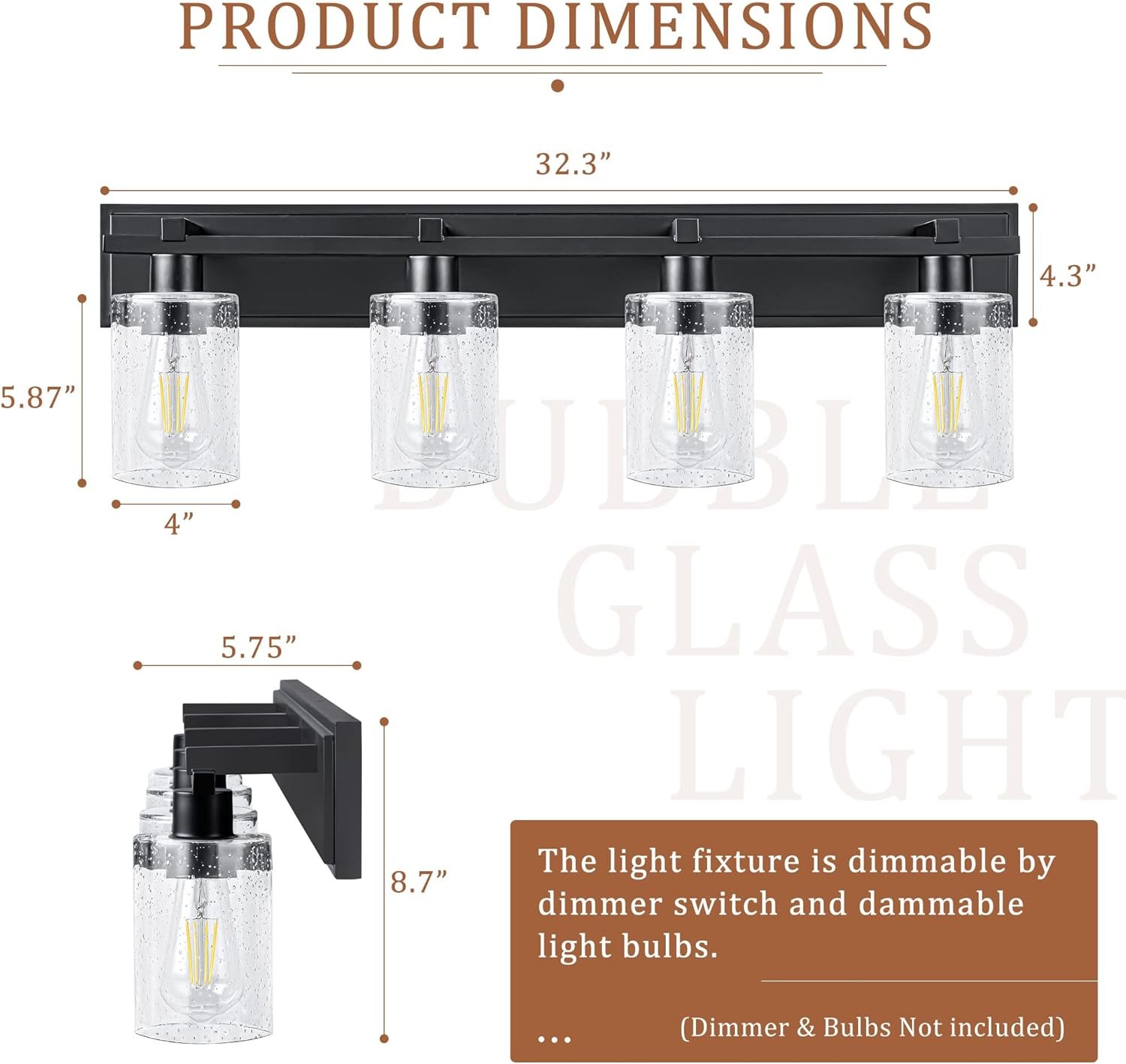 Espird Bathroom Vanity Light, 4 Light Matte Black Light Fixture with Thickened Seeded Glass Shade, 33 inch Modern Wall Sconce,Vanity Light Over Mirror for Bathroom — photo 5