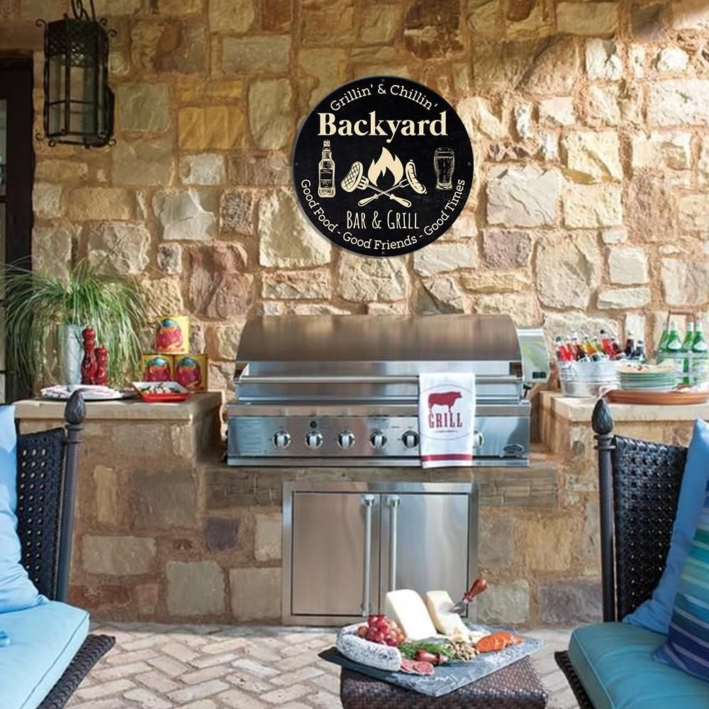 MeMate Metal Backyard Bar & Grill Signs, Grilling Sign Outdoor Decor, 18 inches Large Metal Signs for Kitchen Decor, Outdoor Plaques for BBQ Zone, Backyard, Patio Rustic Decorations for Man Cave (02) — photo 2