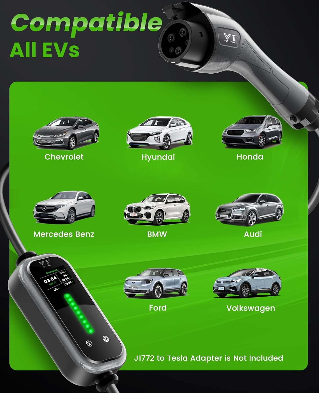Level 1&2 Portable EV Charger, 16A Electric Vehicle Charger with 25FT Extension Cable, NEMA 6-20 Plug & 5-15P Adapter, Compatible with J1772 EVs, Home & Travel Use(Not For Tesla Unless Get an Adapter) — photo 3