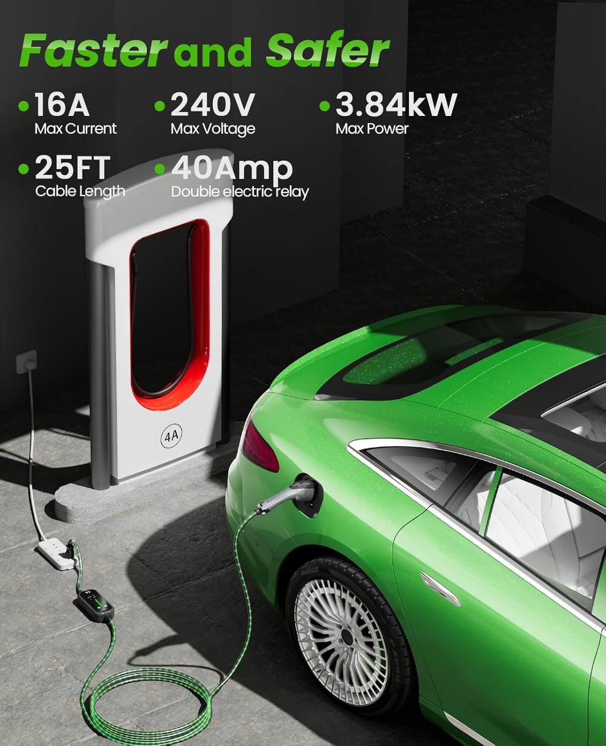 Level 1&2 Portable EV Charger, 16A Electric Vehicle Charger with 25FT Extension Cable, NEMA 6-20 Plug & 5-15P Adapter, Compatible with J1772 EVs, Home & Travel Use(Not For Tesla Unless Get an Adapter) — photo 4
