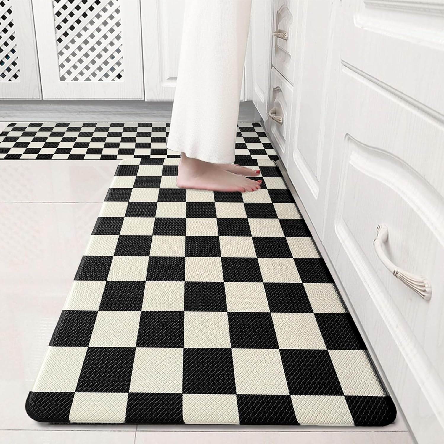 Beige Black Checkered Grid Checkerboard Kitchen Rug Sets [2 PCs], Anti-Fatigue