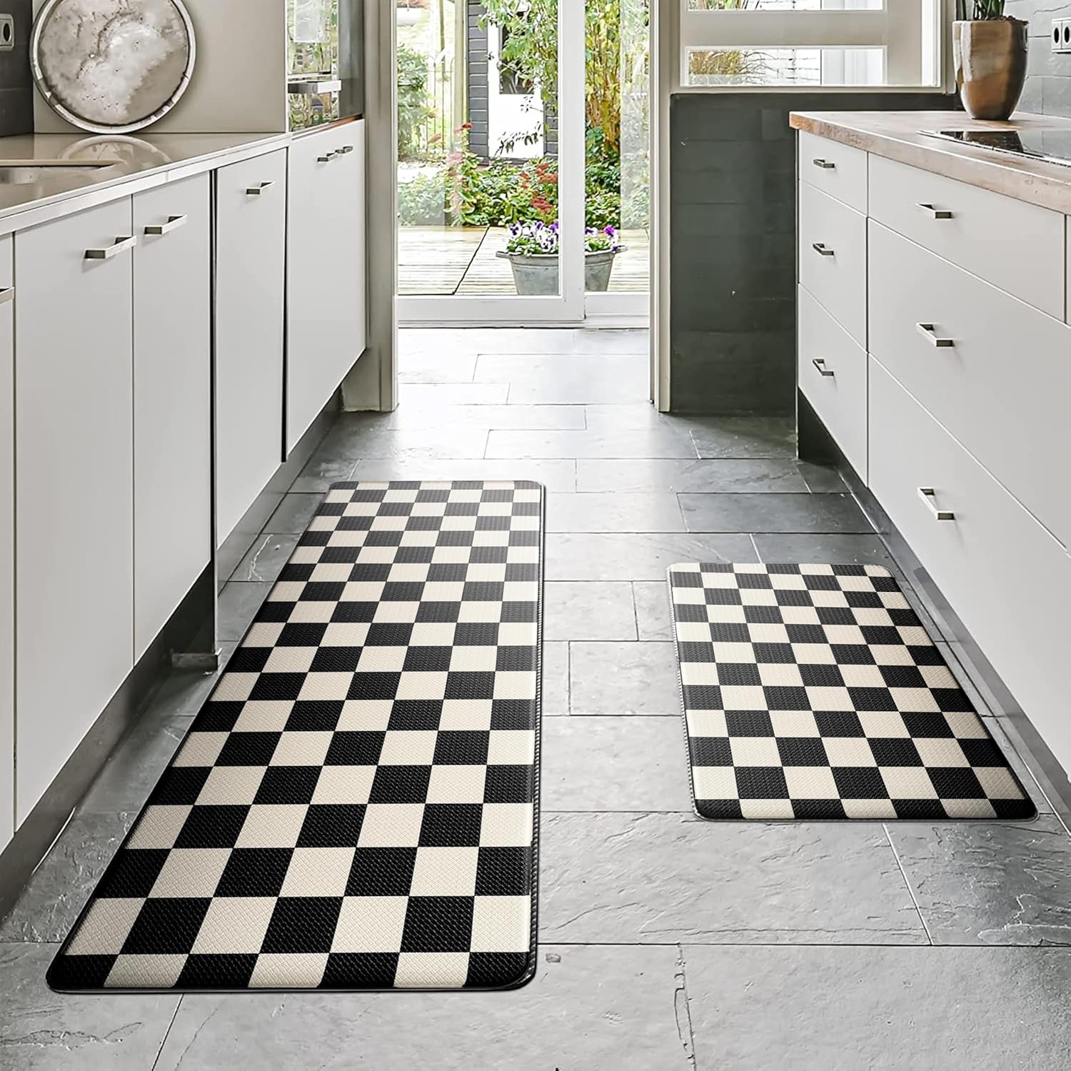 Beige Black Checkered Grid Checkerboard Kitchen Rug Sets [2 PCs], Anti-Fatigue — photo 5