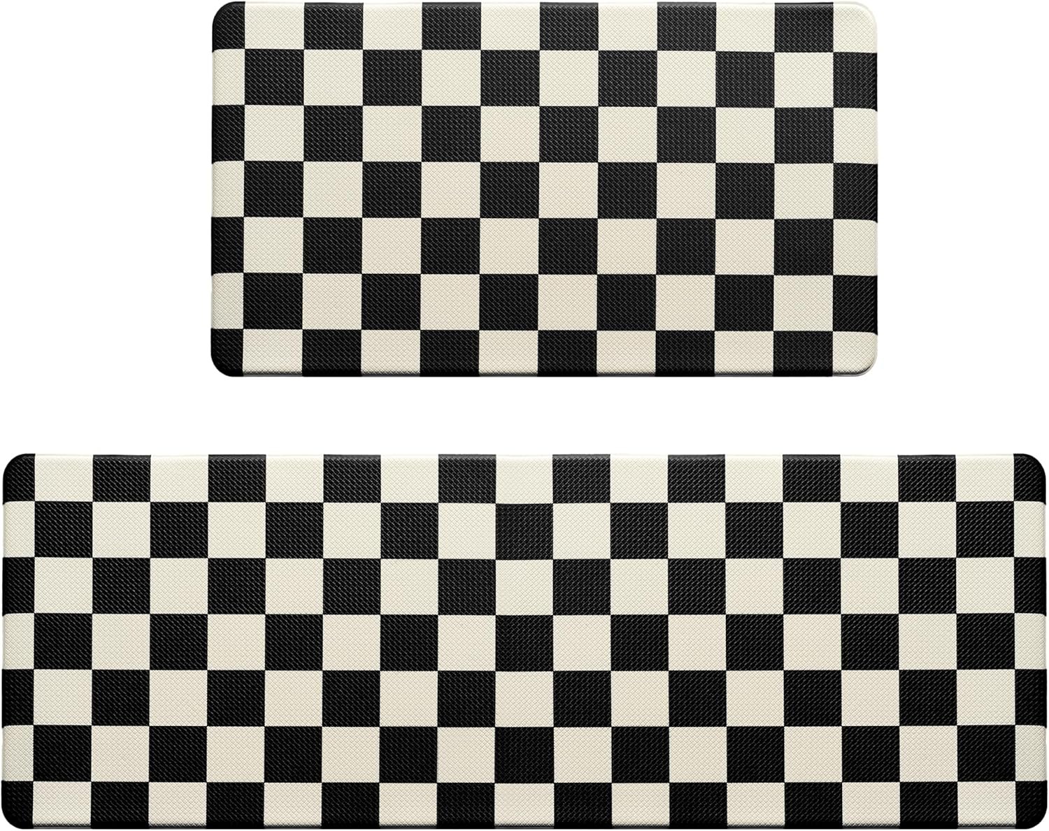 Beige Black Checkered Grid Checkerboard Kitchen Rug Sets [2 PCs], Anti-Fatigue — photo 6