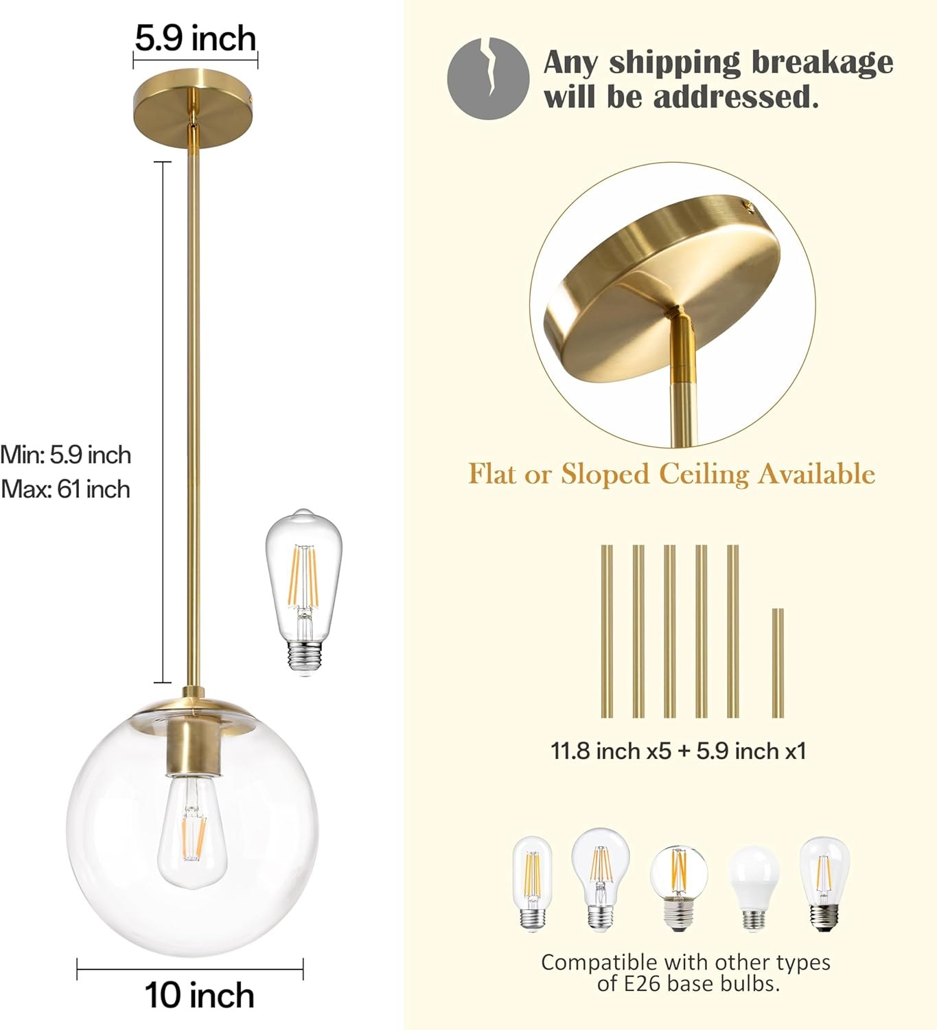10 Inch Globe Pendant Light Gold Mid Century Pendant Light — photo 7