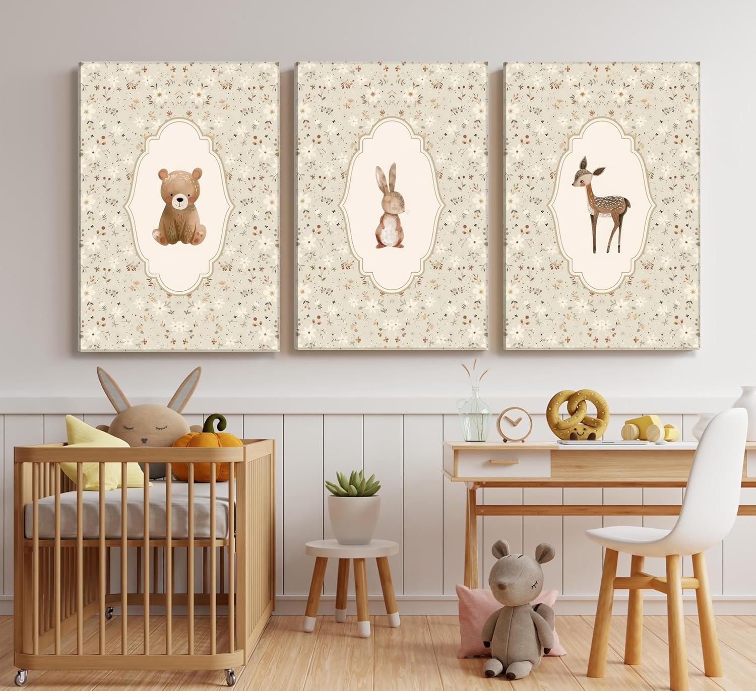Vintage Woodland Animals Nursery Canvas Wall Art Cute Bunny Bear Deer Picture Wall Decor Country Poster Painting Print Neutral Artwork for Girls Room Kids Room Baby Room Bedroom Farmhouse Decortion Animals 24L''x16W''-Canvas