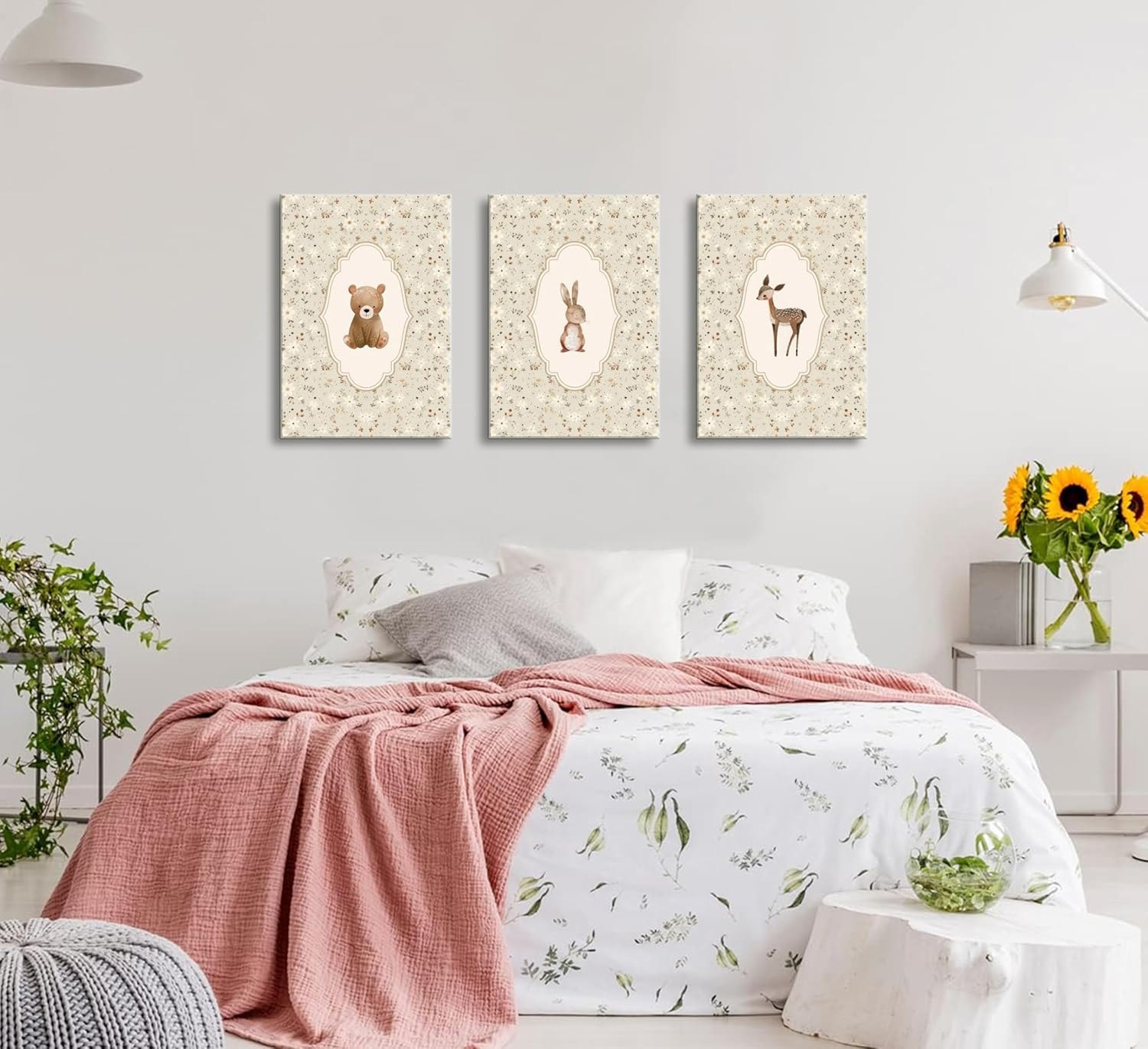 Vintage Woodland Animals Nursery Canvas Wall Art Cute Bunny Bear Deer Picture Wall Decor Country Poster Painting Print Neutral Artwork for Girls Room Kids Room Baby Room Bedroom Farmhouse Decortion Animals 24L''x16W''-Canvas — photo 2