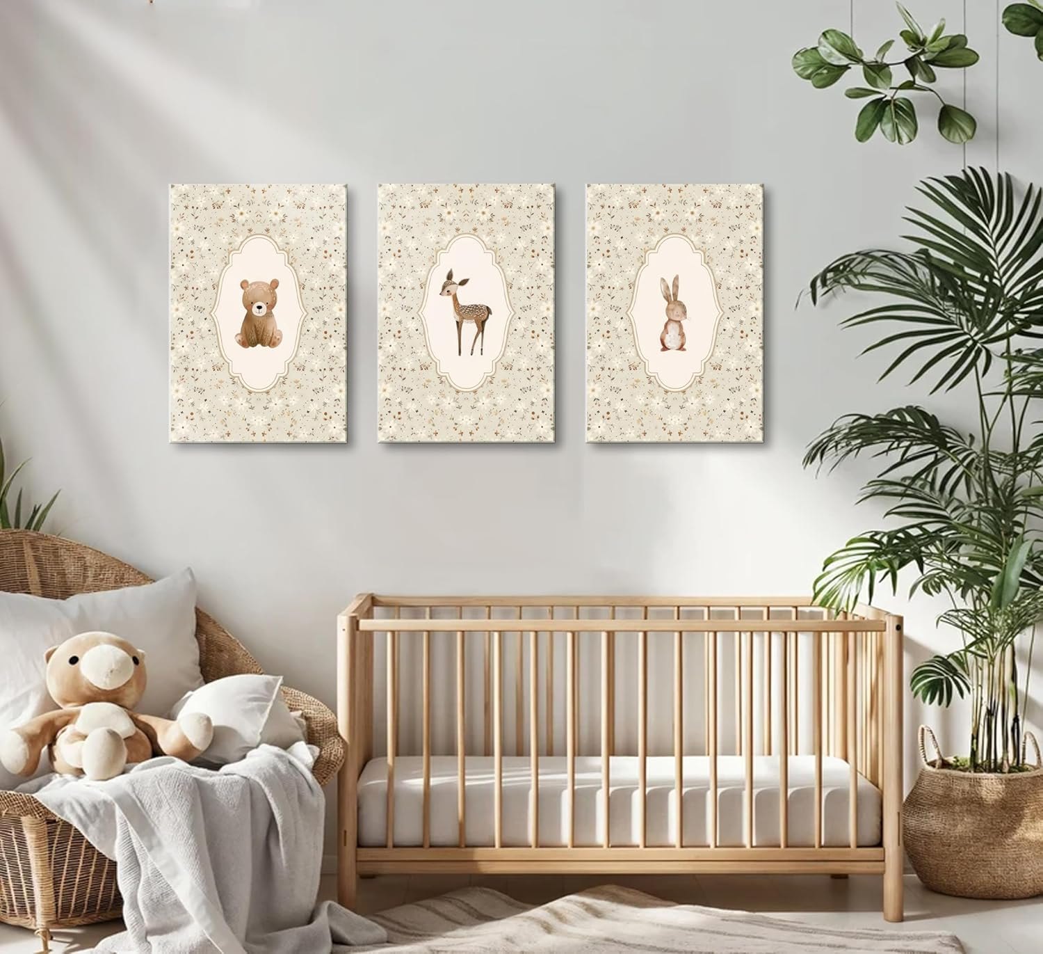 Vintage Woodland Animals Nursery Canvas Wall Art Cute Bunny Bear Deer Picture Wall Decor Country Poster Painting Print Neutral Artwork for Girls Room Kids Room Baby Room Bedroom Farmhouse Decortion Animals 24L''x16W''-Canvas — photo 3