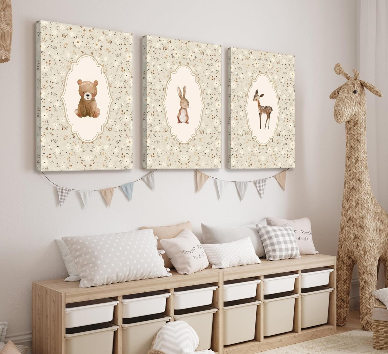 Vintage Woodland Animals Nursery Canvas Wall Art Cute Bunny Bear Deer Picture Wall Decor Country Poster Painting Print Neutral Artwork for Girls Room Kids Room Baby Room Bedroom Farmhouse Decortion Animals 24L''x16W''-Canvas — photo 4
