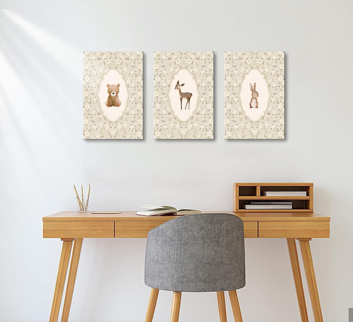 Vintage Woodland Animals Nursery Canvas Wall Art Cute Bunny Bear Deer Picture Wall Decor Country Poster Painting Print Neutral Artwork for Girls Room Kids Room Baby Room Bedroom Farmhouse Decortion Animals 24L''x16W''-Canvas — photo 6