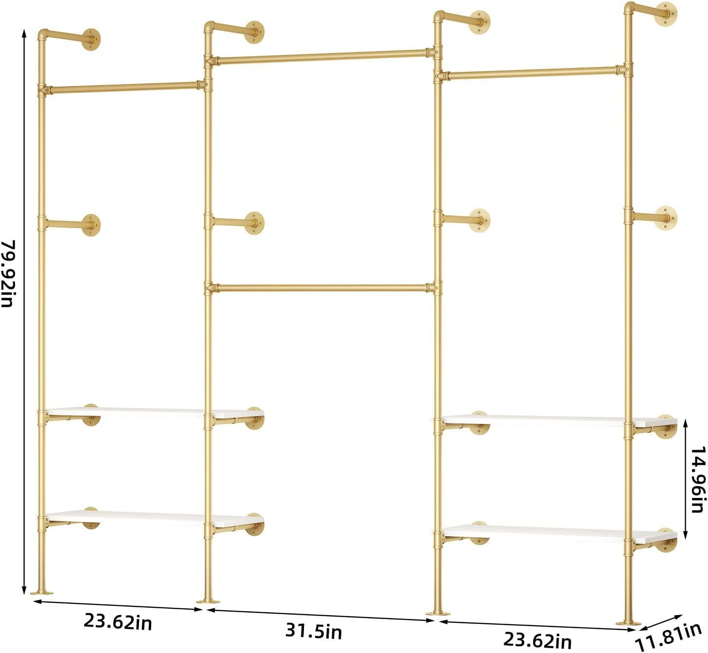 Woskar Industrial Pipe Clothing Rack, Wall Mounted Clothes Rack for Hanging Clothes, Retail Display Rack with Shelves, Add Corner installation Method (Gold, III-2Tier) Gold III-2Tier