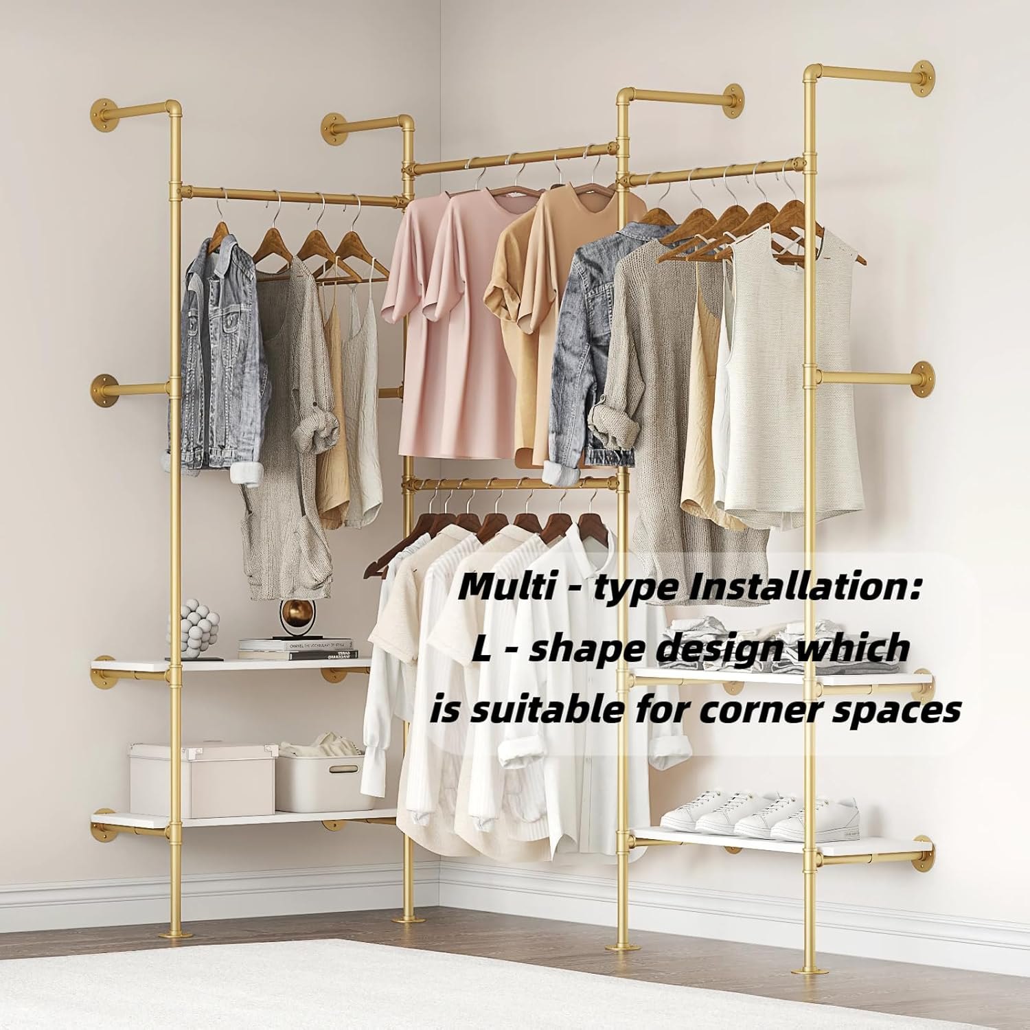 Woskar Industrial Pipe Clothing Rack, Wall Mounted Clothes Rack for Hanging Clothes, Retail Display Rack with Shelves, Add Corner installation Method (Gold, III-2Tier) Gold III-2Tier — photo 2
