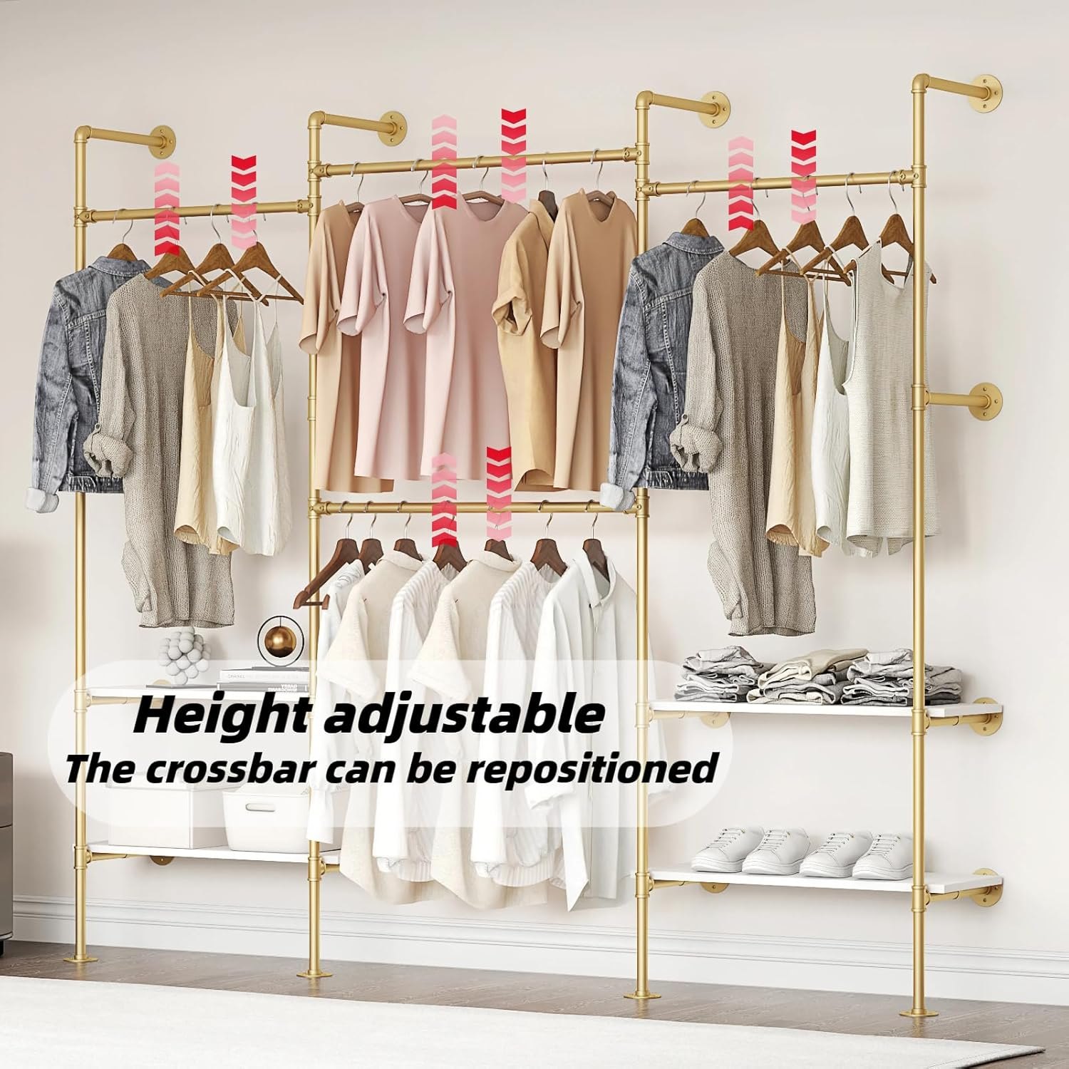Woskar Industrial Pipe Clothing Rack, Wall Mounted Clothes Rack for Hanging Clothes, Retail Display Rack with Shelves, Add Corner installation Method (Gold, III-2Tier) Gold III-2Tier — photo 3