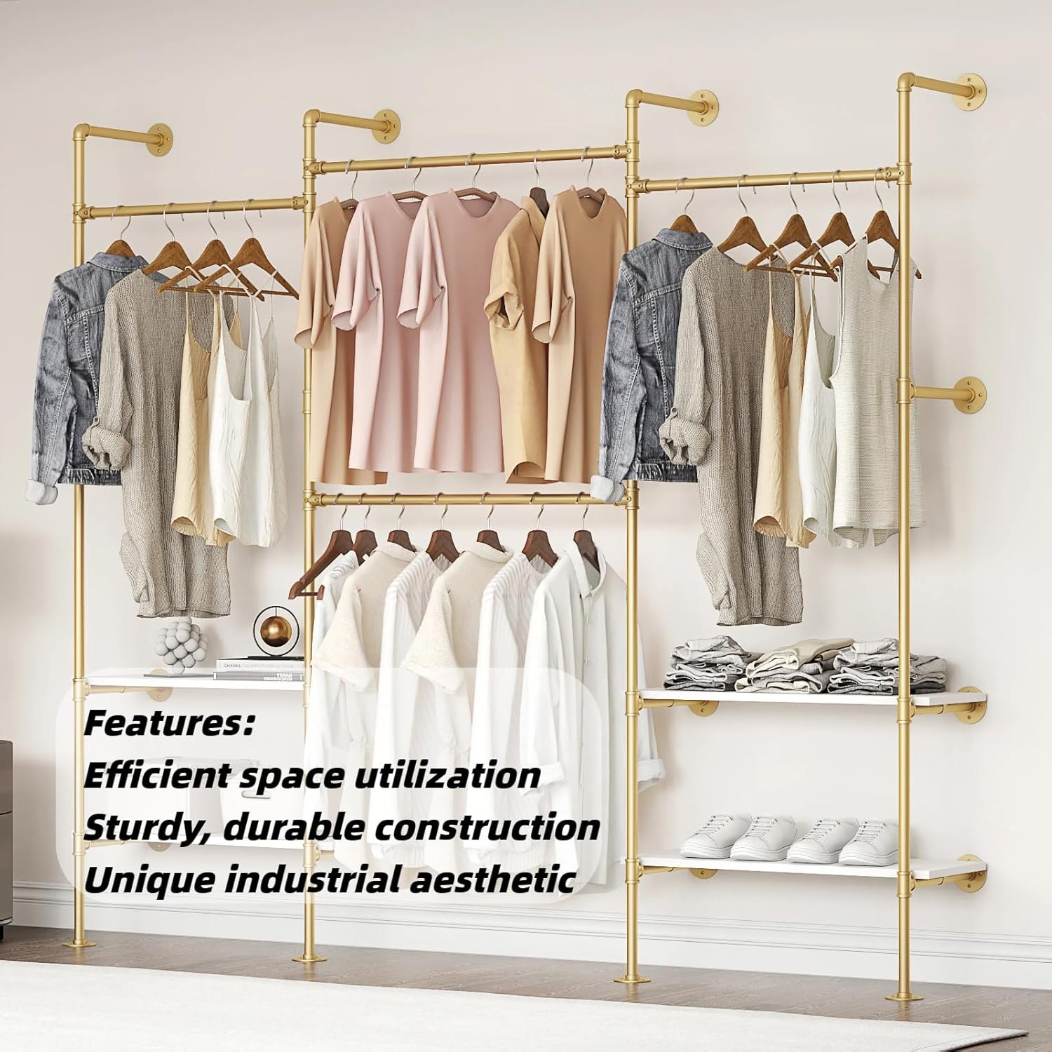 Woskar Industrial Pipe Clothing Rack, Wall Mounted Clothes Rack for Hanging Clothes, Retail Display Rack with Shelves, Add Corner installation Method (Gold, III-2Tier) Gold III-2Tier — photo 4