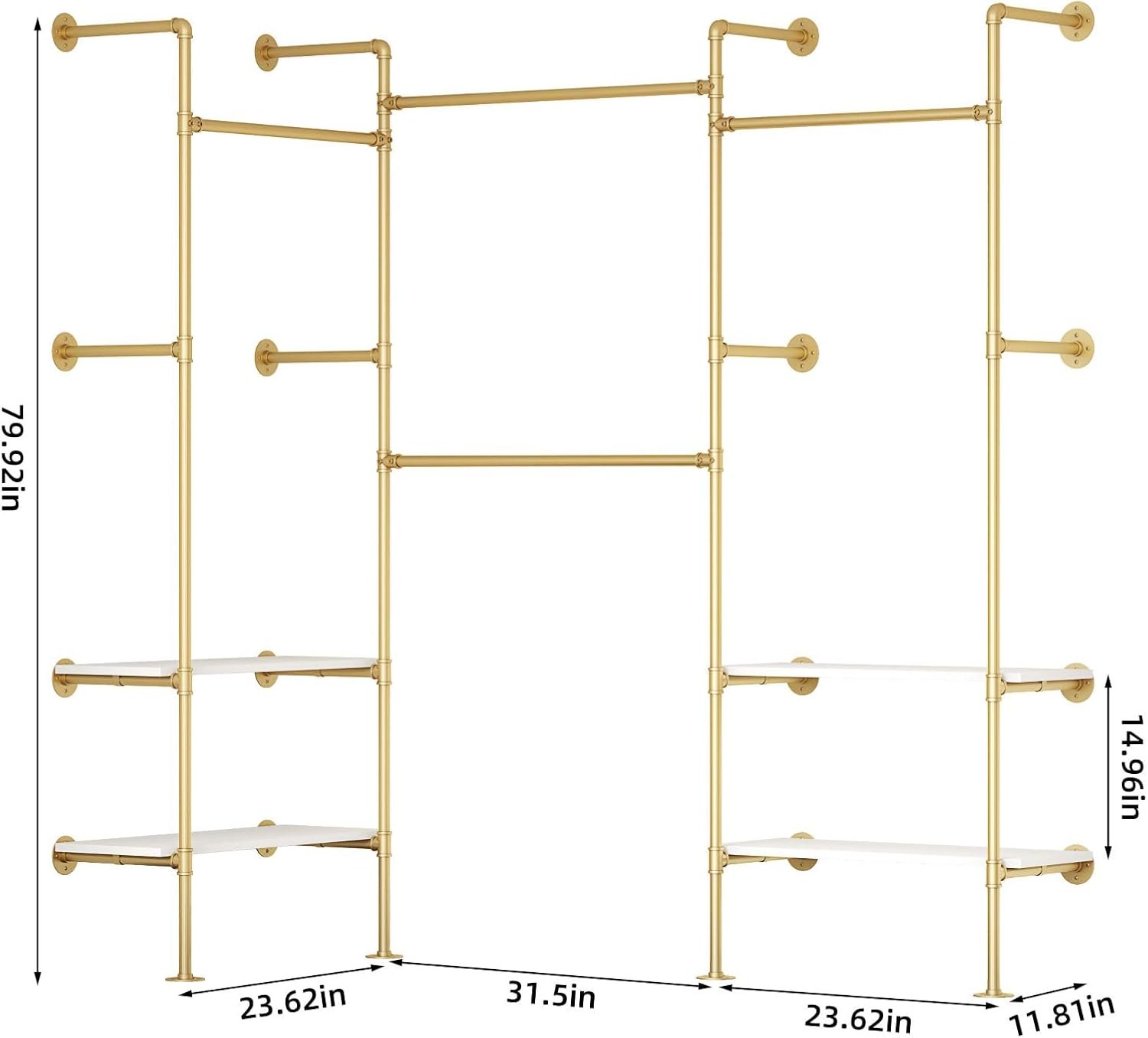 Woskar Industrial Pipe Clothing Rack, Wall Mounted Clothes Rack for Hanging Clothes, Retail Display Rack with Shelves, Add Corner installation Method (Gold, III-2Tier) Gold III-2Tier — photo 5
