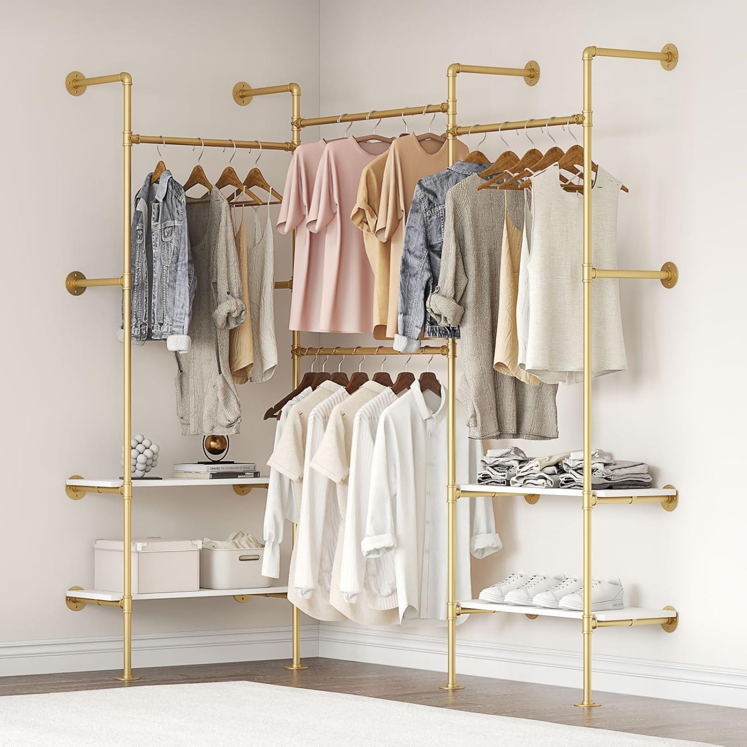 Woskar Industrial Pipe Clothing Rack, Wall Mounted Clothes Rack for Hanging Clothes, Retail Display Rack with Shelves, Add Corner installation Method (Gold, III-2Tier) Gold III-2Tier — photo 6