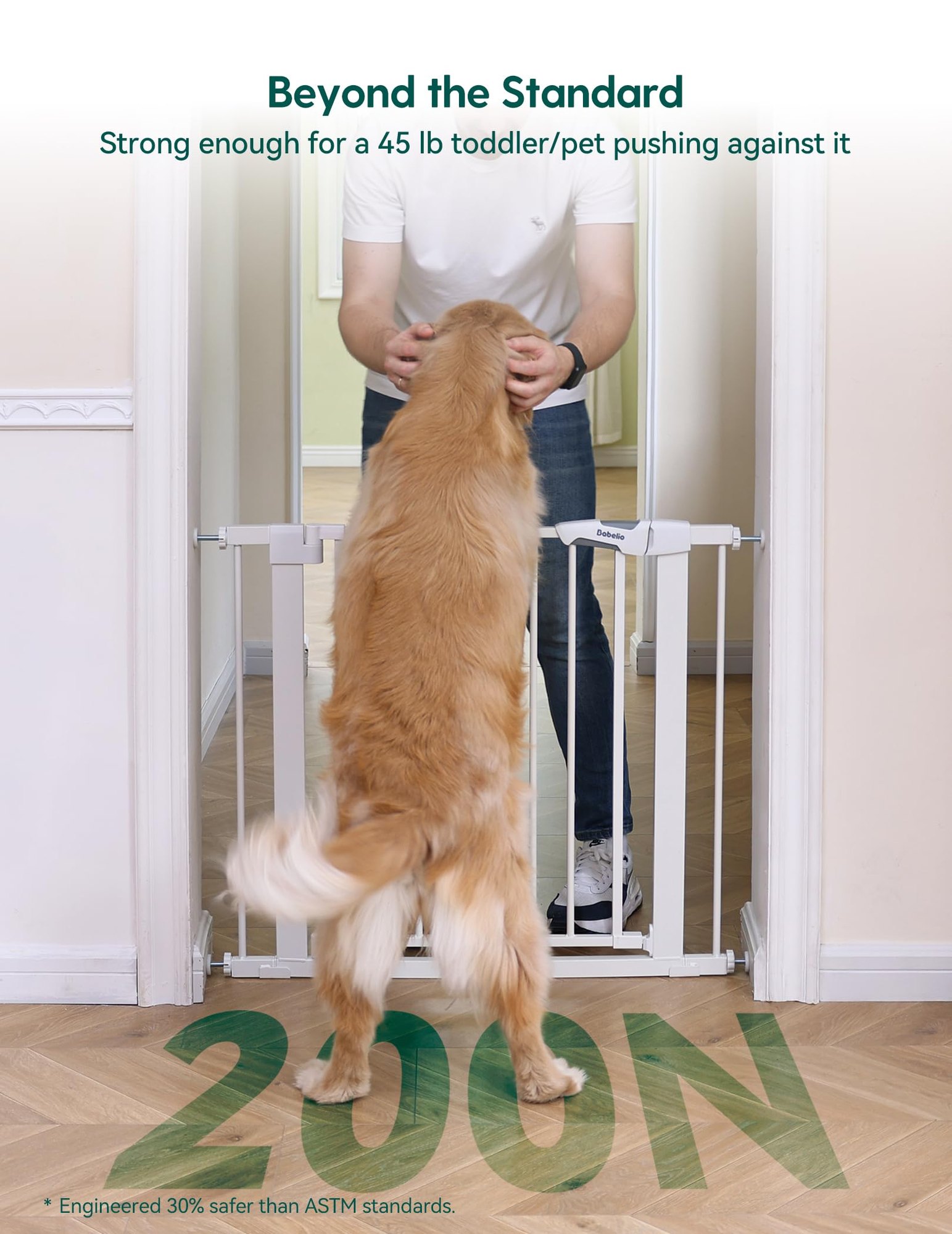 Babelio Metal Baby Gate, 29-43" Auto Close Easy Install Pet Gate PressGuard P7, Extra Wide Walk Thru Child Safety Gate, 30" Tall Pressure Mounted Dog Gate for Doorways & Stairs, White — photo 2