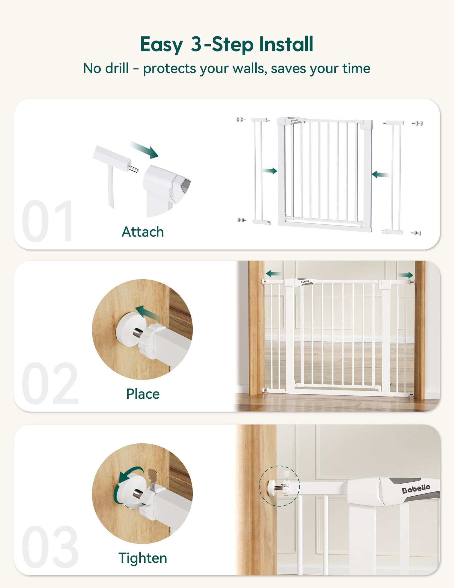 Babelio Metal Baby Gate, 29-43" Auto Close Easy Install Pet Gate PressGuard P7, Extra Wide Walk Thru Child Safety Gate, 30" Tall Pressure Mounted Dog Gate for Doorways & Stairs, White — photo 4