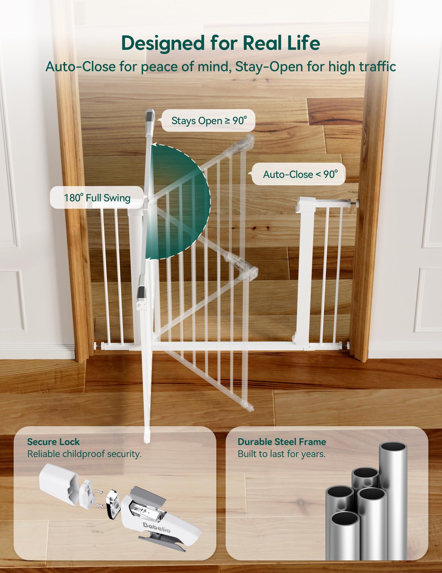 Babelio Metal Baby Gate, 29-43" Auto Close Easy Install Pet Gate PressGuard P7, Extra Wide Walk Thru Child Safety Gate, 30" Tall Pressure Mounted Dog Gate for Doorways & Stairs, White — photo 5