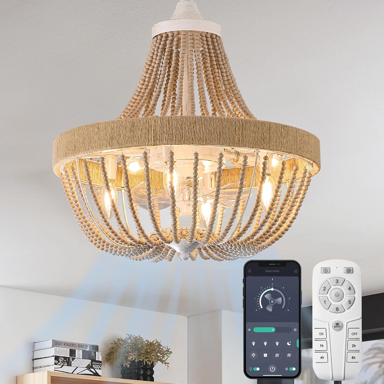 Vintage Bohemian Empire Chandelier Fan with 64 Wood Bead Strands, 7-Blade Invisible Fan, Antique White Gold Finish Ceiling Fan for Living Room, Bedroom(White Gold, 20'' Boho Style) White Gold + Wood Bead 20'' Bohemia Style