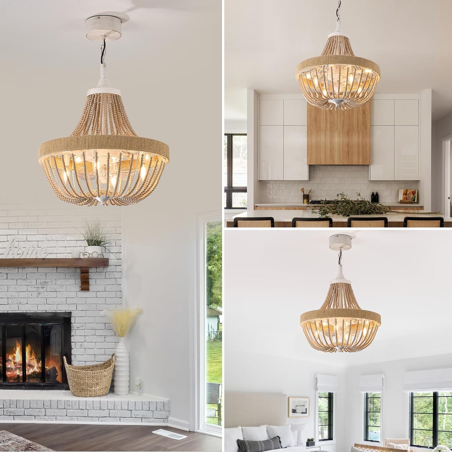 Vintage Bohemian Empire Chandelier Fan with 64 Wood Bead Strands, 7-Blade Invisible Fan, Antique White Gold Finish Ceiling Fan for Living Room, Bedroom(White Gold, 20'' Boho Style) White Gold + Wood Bead 20'' Bohemia Style — photo 2
