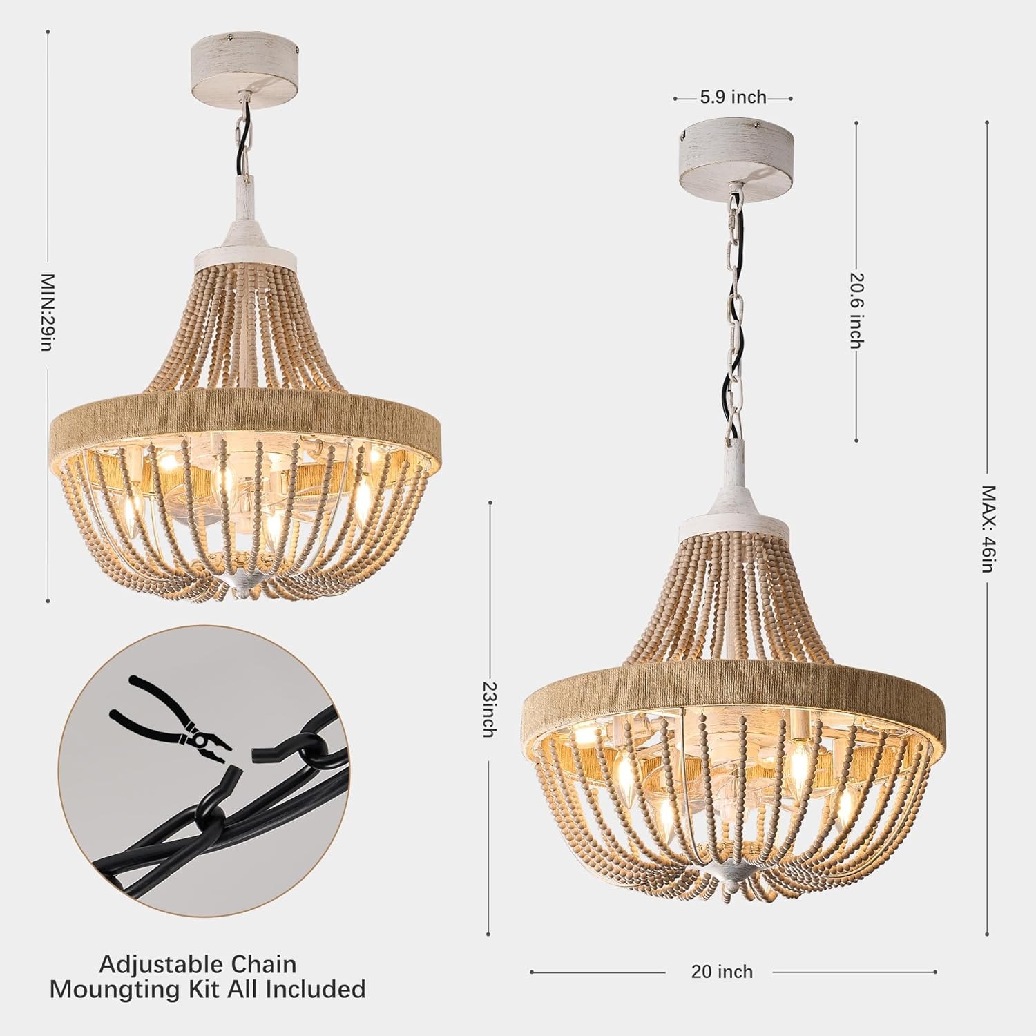 Vintage Bohemian Empire Chandelier Fan with 64 Wood Bead Strands, 7-Blade Invisible Fan, Antique White Gold Finish Ceiling Fan for Living Room, Bedroom(White Gold, 20'' Boho Style) White Gold + Wood Bead 20'' Bohemia Style — photo 3