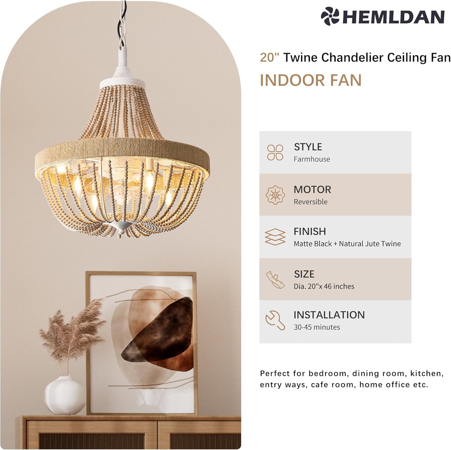 Vintage Bohemian Empire Chandelier Fan with 64 Wood Bead Strands, 7-Blade Invisible Fan, Antique White Gold Finish Ceiling Fan for Living Room, Bedroom(White Gold, 20'' Boho Style) White Gold + Wood Bead 20'' Bohemia Style — photo 4